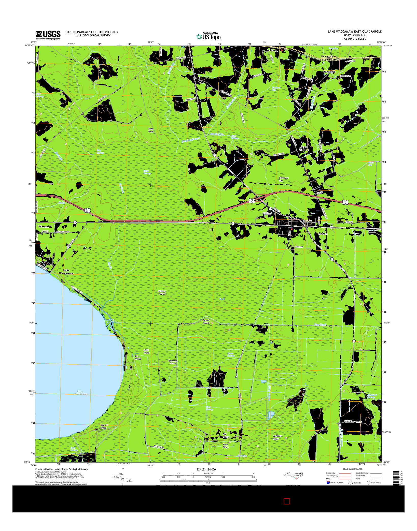 USGS US TOPO 7.5-MINUTE MAP FOR LAKE WACCAMAW EAST, NC 2016