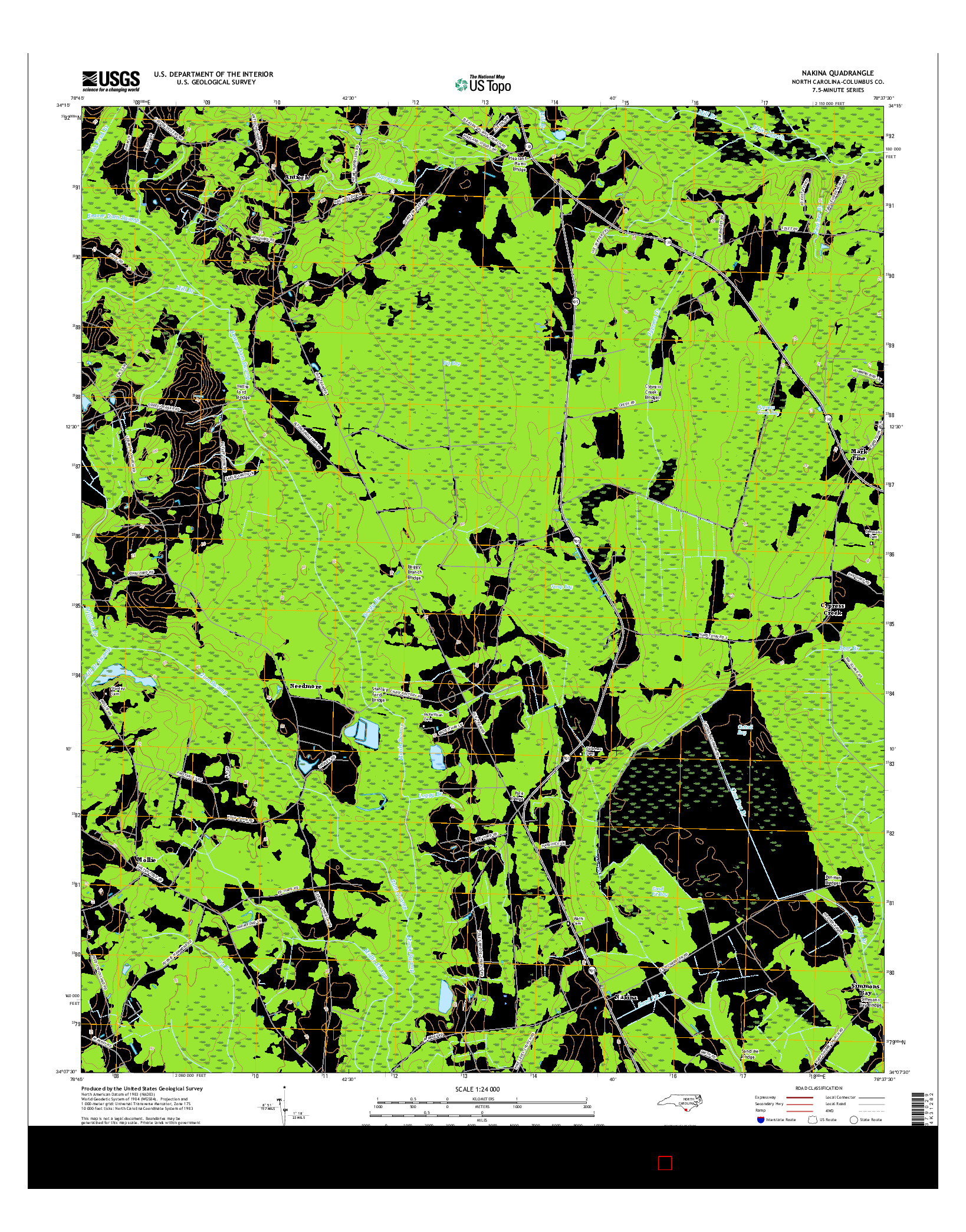 USGS US TOPO 7.5-MINUTE MAP FOR NAKINA, NC 2016