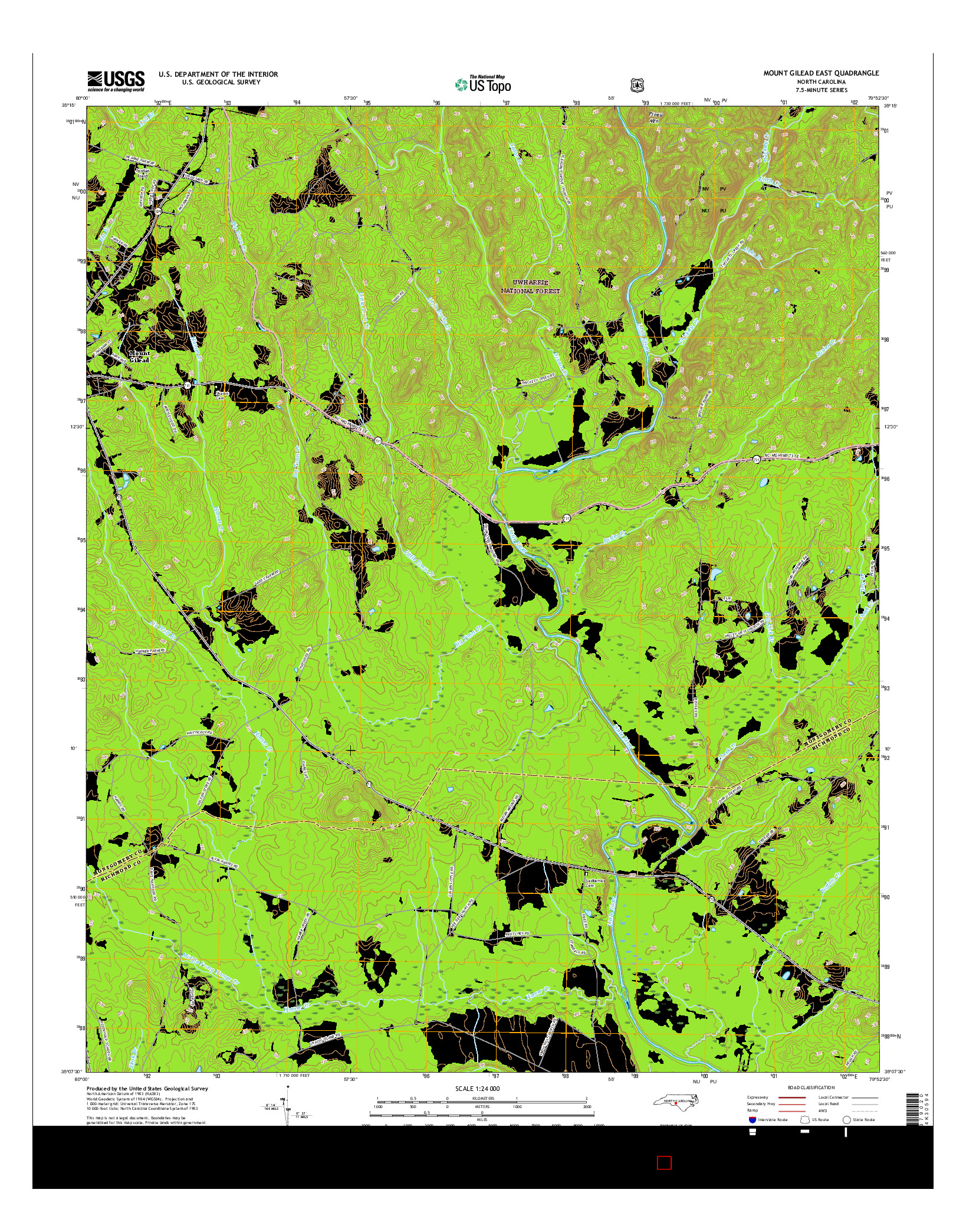 USGS US TOPO 7.5-MINUTE MAP FOR MOUNT GILEAD EAST, NC 2016