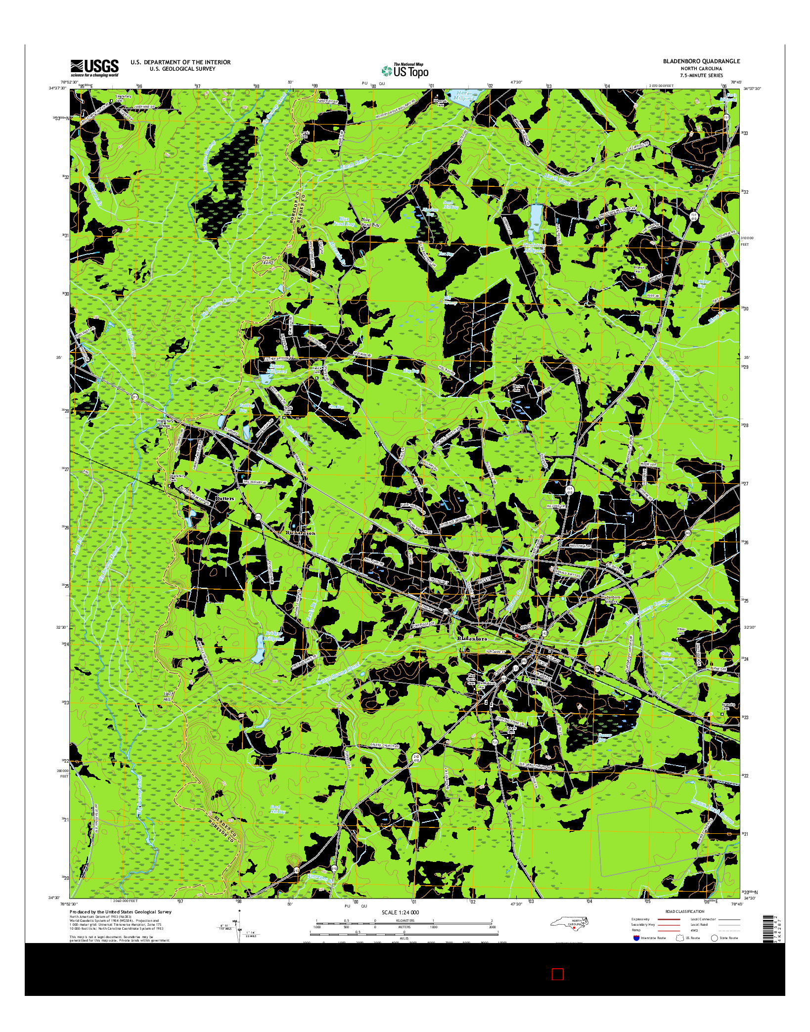 USGS US TOPO 7.5-MINUTE MAP FOR BLADENBORO, NC 2016