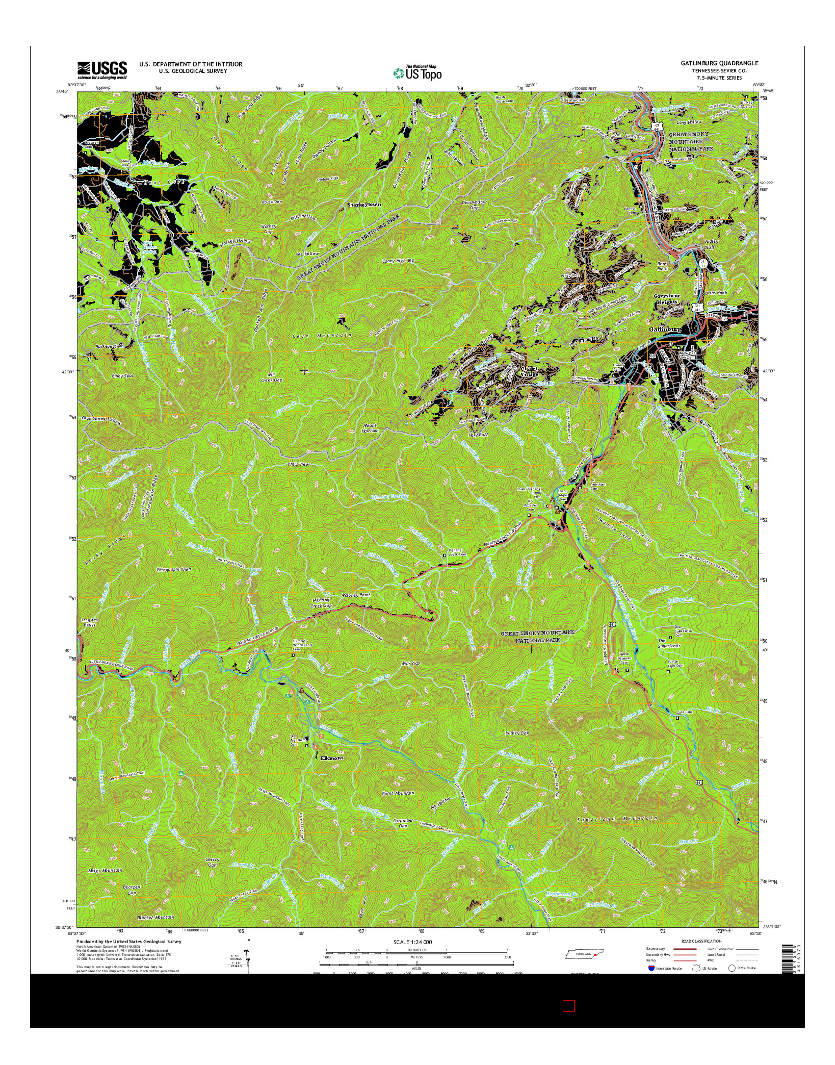 USGS US TOPO 7.5-MINUTE MAP FOR GATLINBURG, TN 2016
