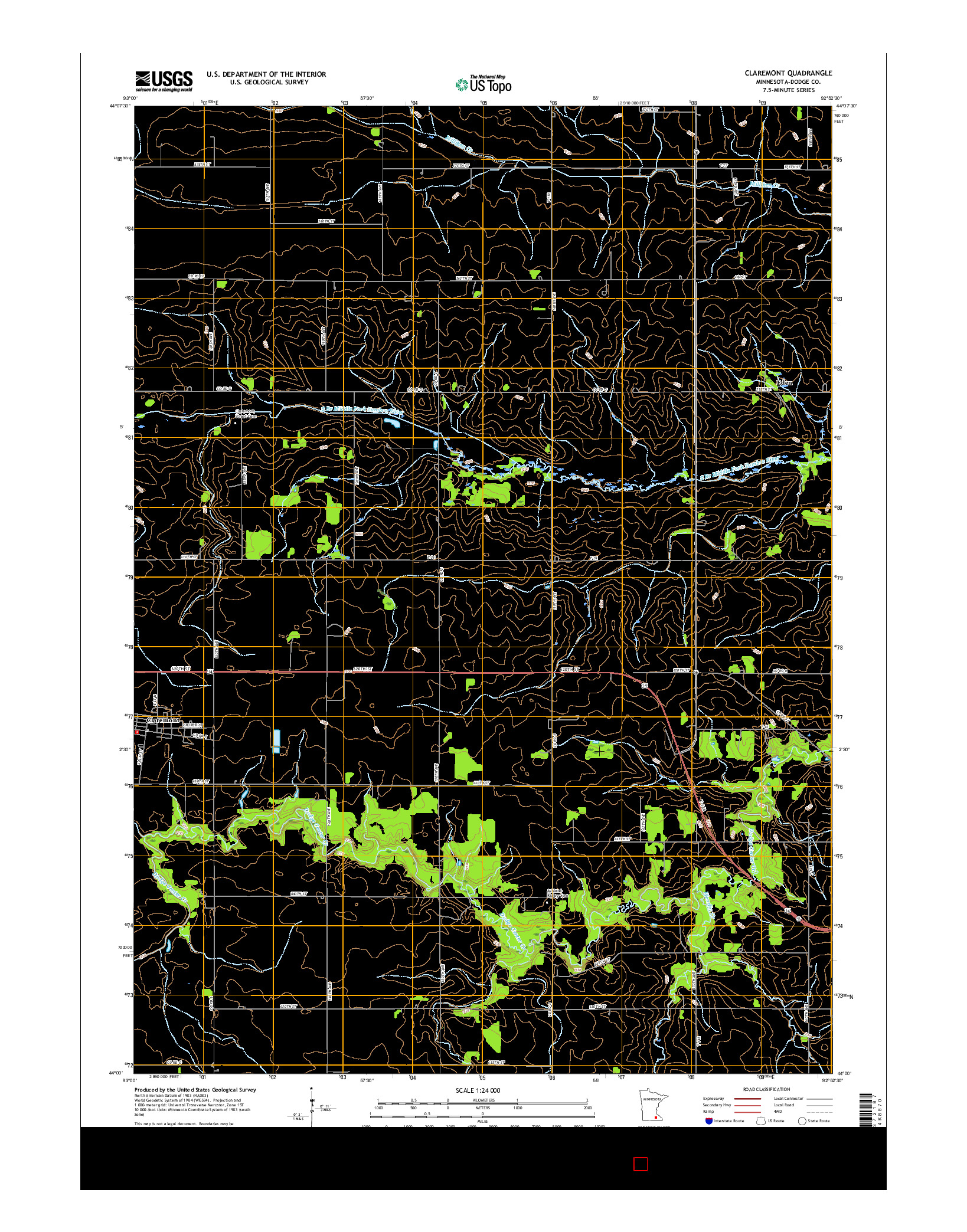USGS US TOPO 7.5-MINUTE MAP FOR CLAREMONT, MN 2016