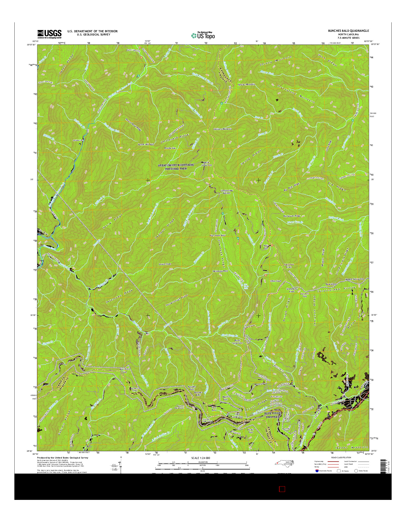 USGS US TOPO 7.5-MINUTE MAP FOR BUNCHES BALD, NC 2016