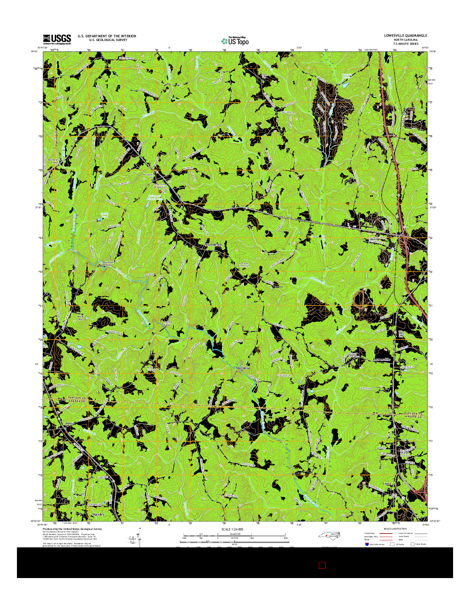 USGS US TOPO 7.5-MINUTE MAP FOR LOWESVILLE, NC 2016