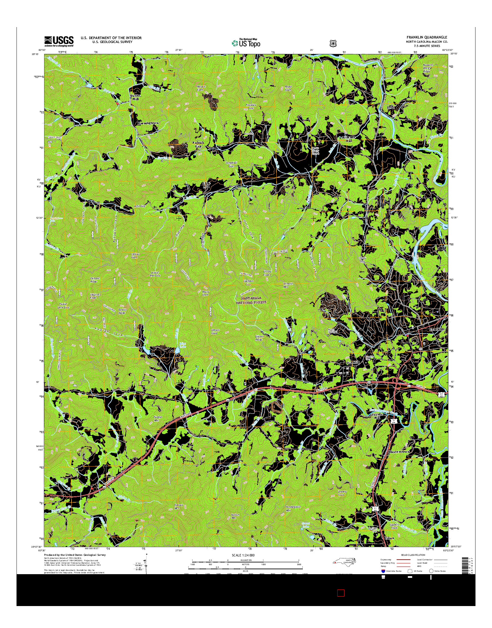 USGS US TOPO 7.5-MINUTE MAP FOR FRANKLIN, NC 2016