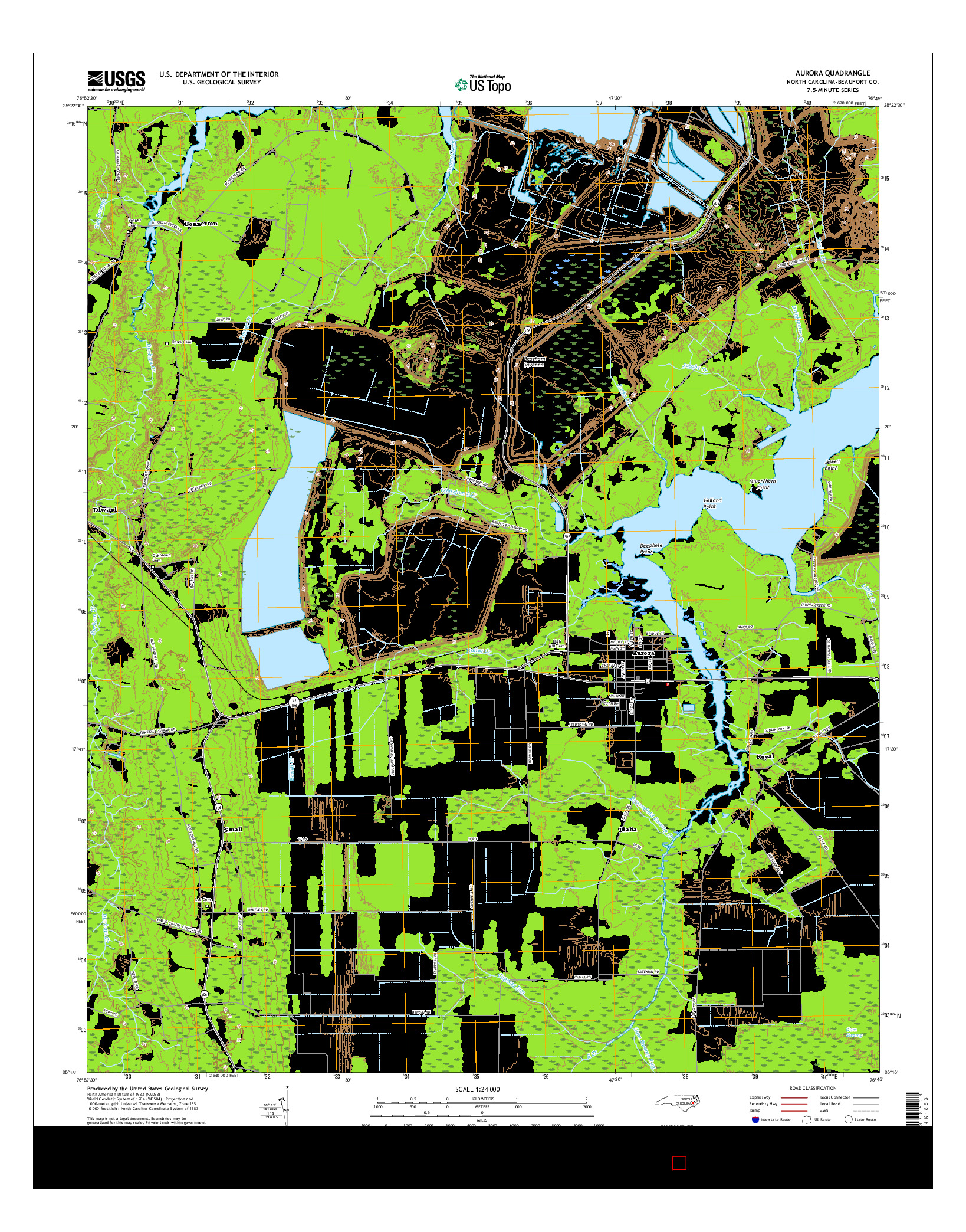 USGS US TOPO 7.5-MINUTE MAP FOR AURORA, NC 2016