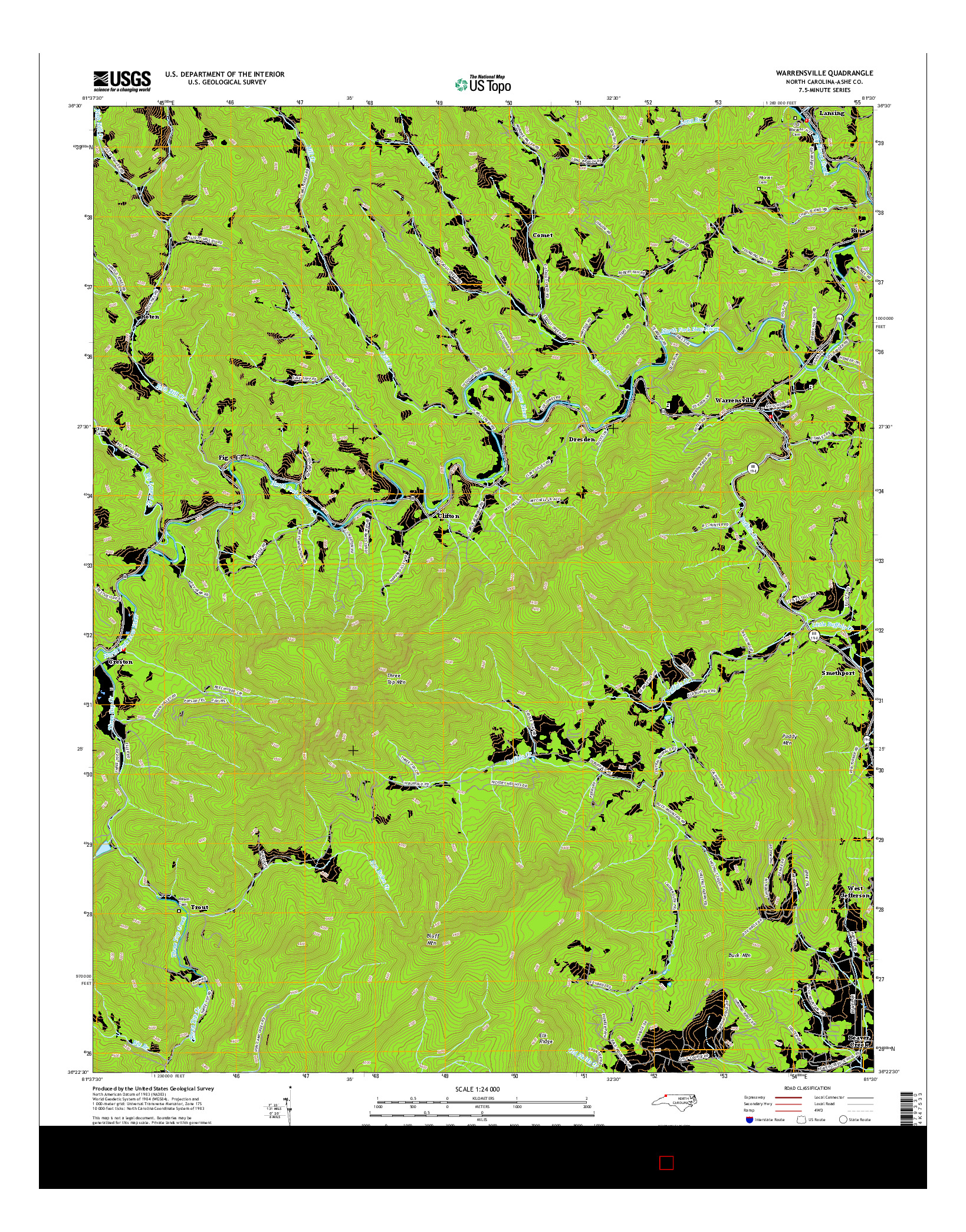 USGS US TOPO 7.5-MINUTE MAP FOR WARRENSVILLE, NC 2016