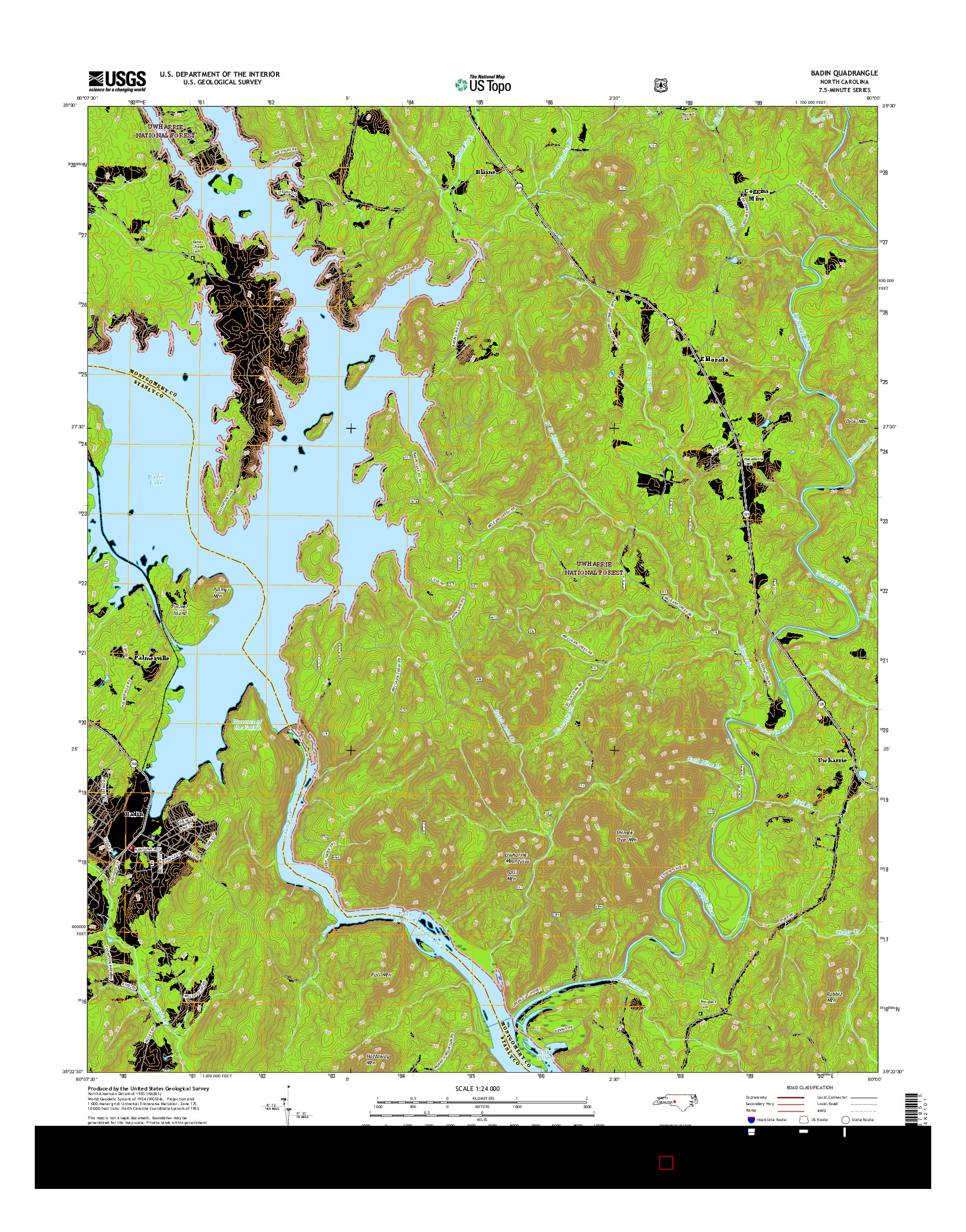 USGS US TOPO 7.5-MINUTE MAP FOR BADIN, NC 2016