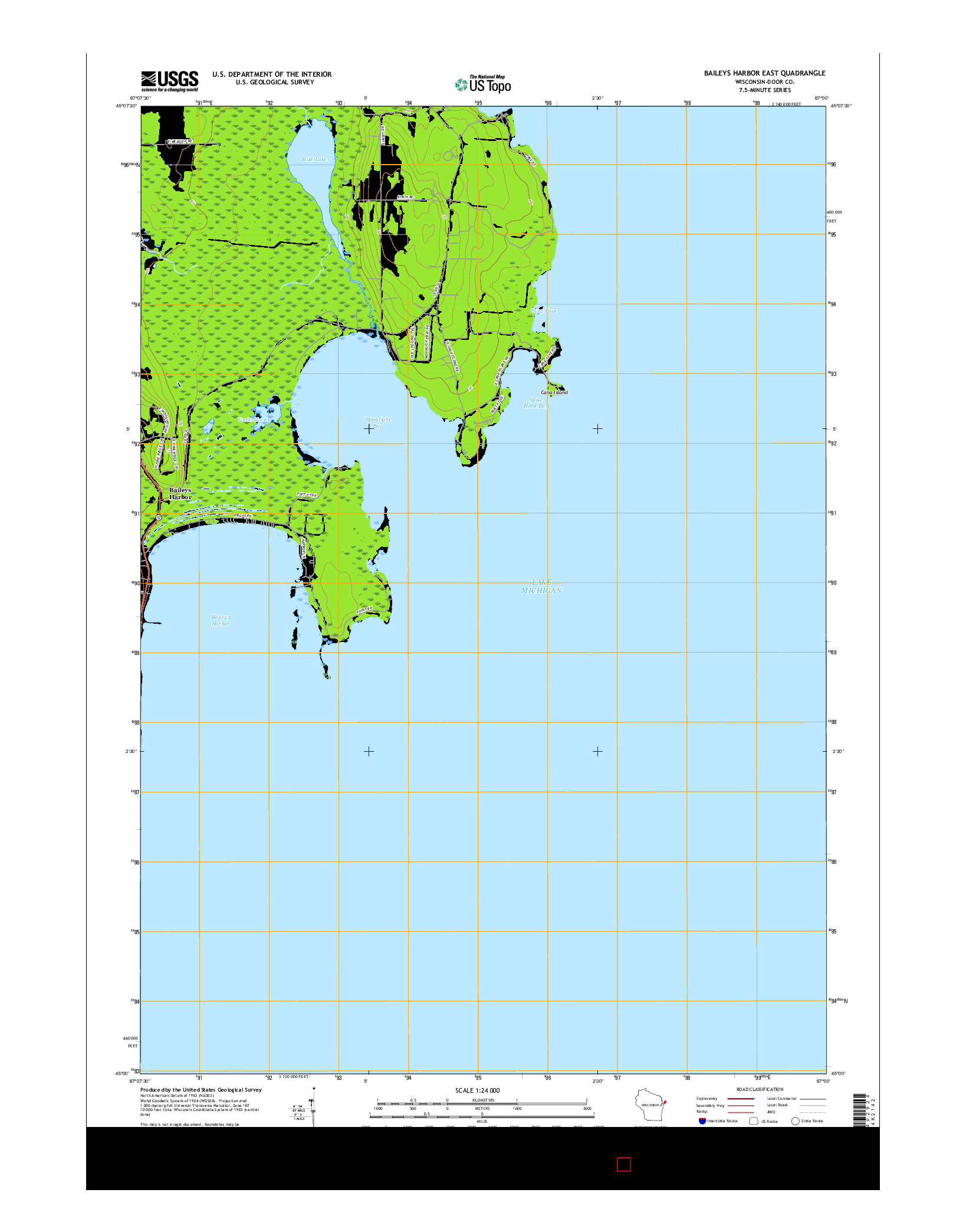 USGS US TOPO 7.5-MINUTE MAP FOR BAILEYS HARBOR EAST, WI 2016