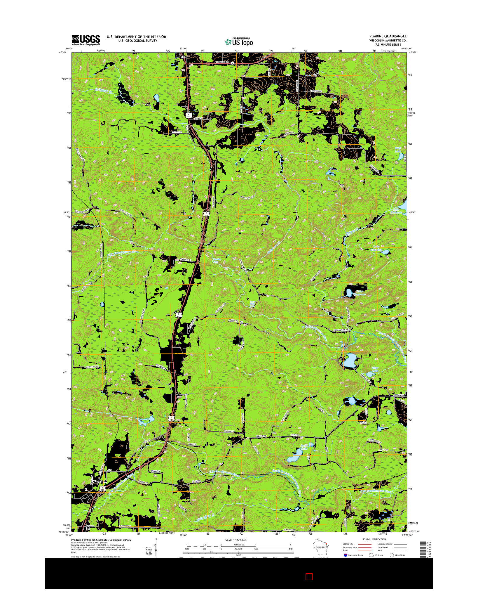 USGS US TOPO 7.5-MINUTE MAP FOR PEMBINE, WI 2016