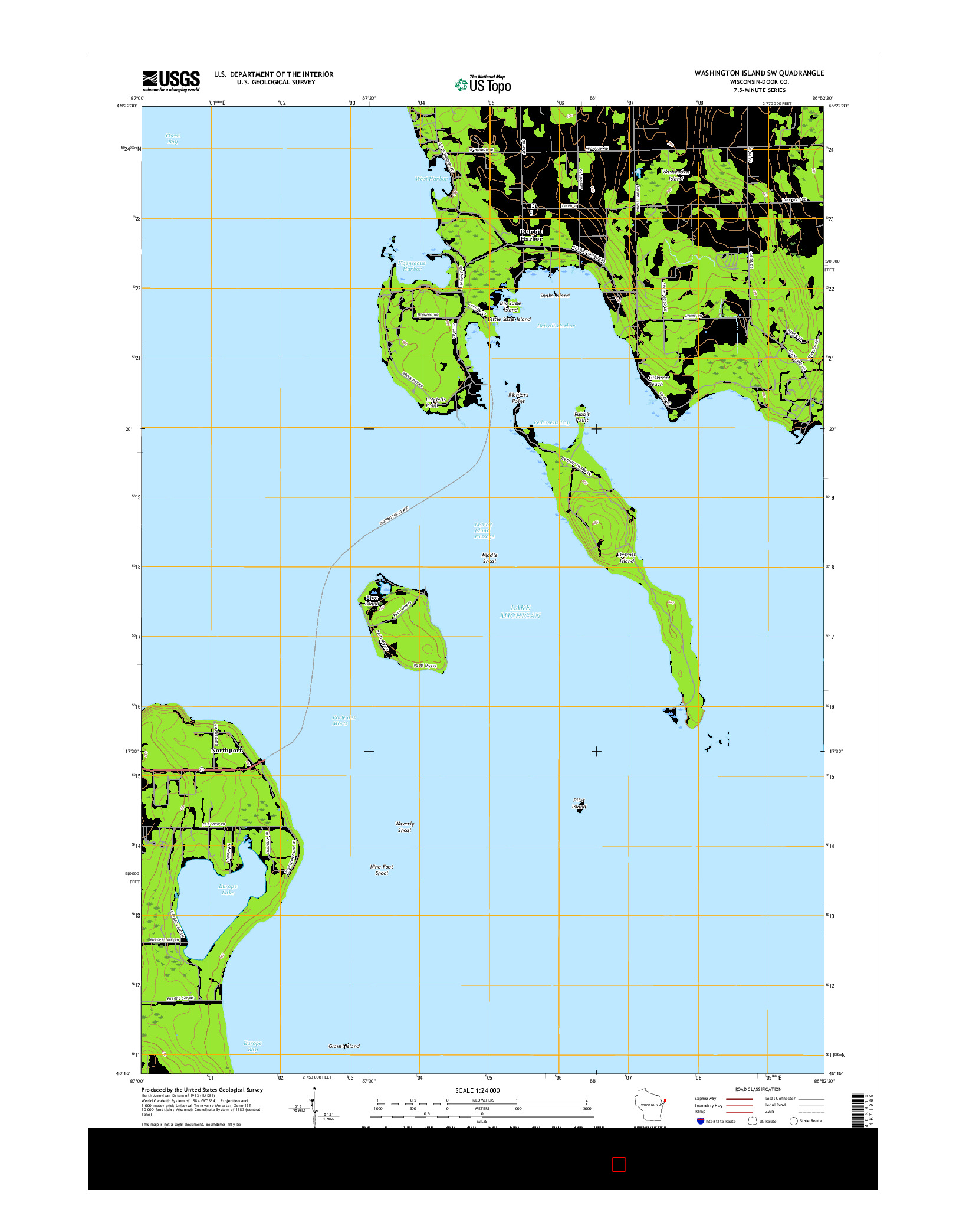 USGS US TOPO 7.5-MINUTE MAP FOR WASHINGTON ISLAND SW, WI 2016