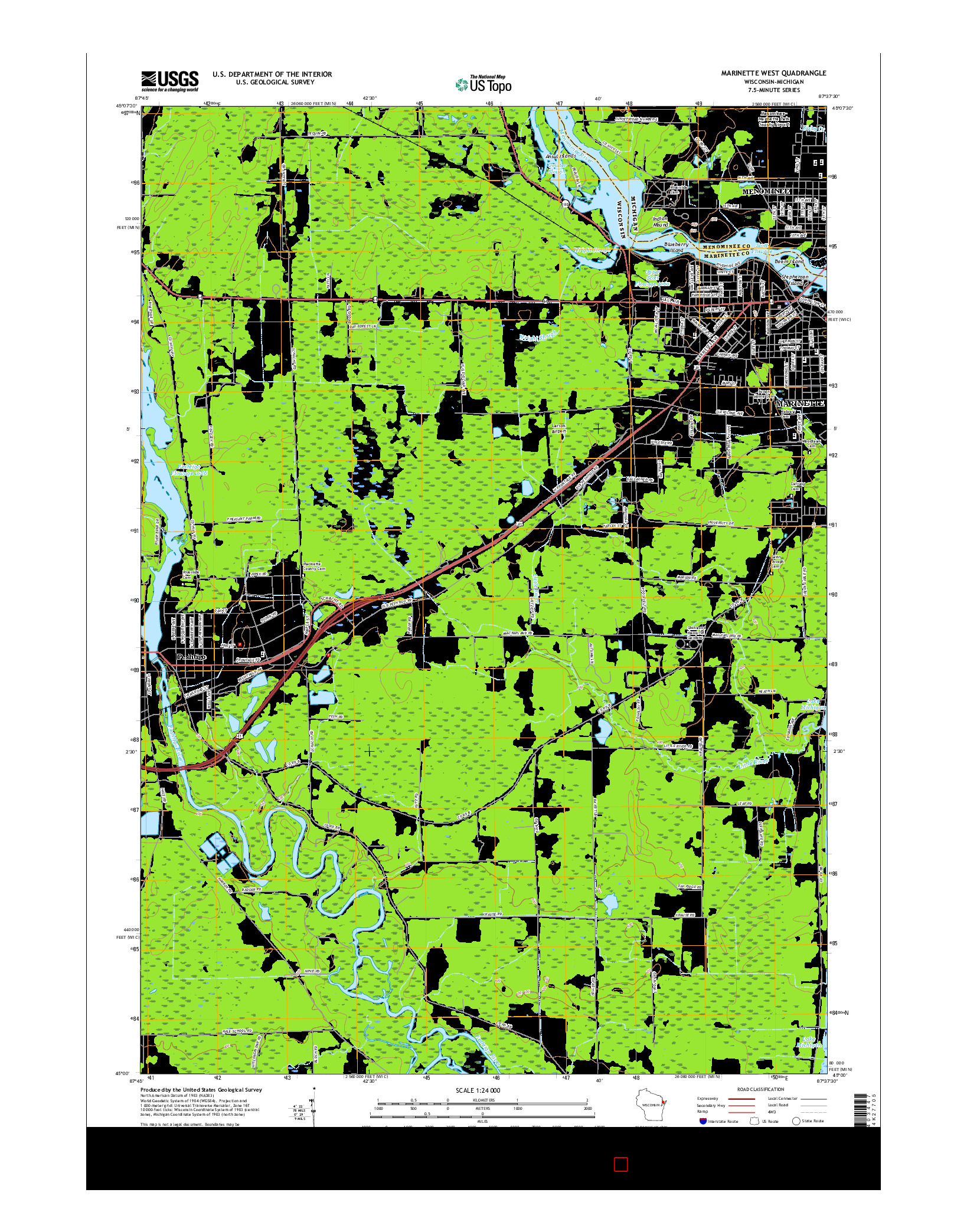 USGS US TOPO 7.5-MINUTE MAP FOR MARINETTE WEST, WI-MI 2016