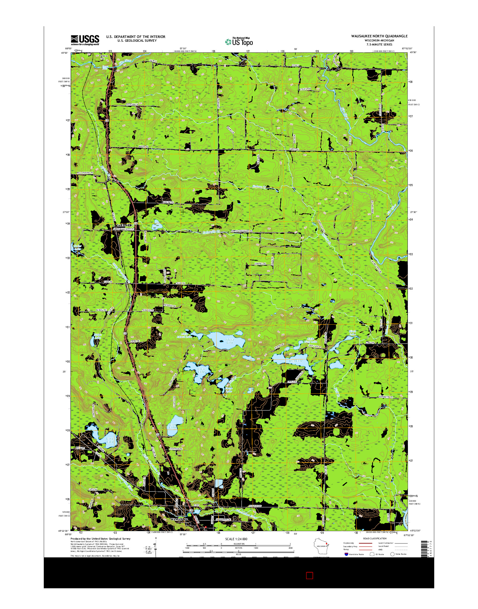 USGS US TOPO 7.5-MINUTE MAP FOR WAUSAUKEE NORTH, WI-MI 2016