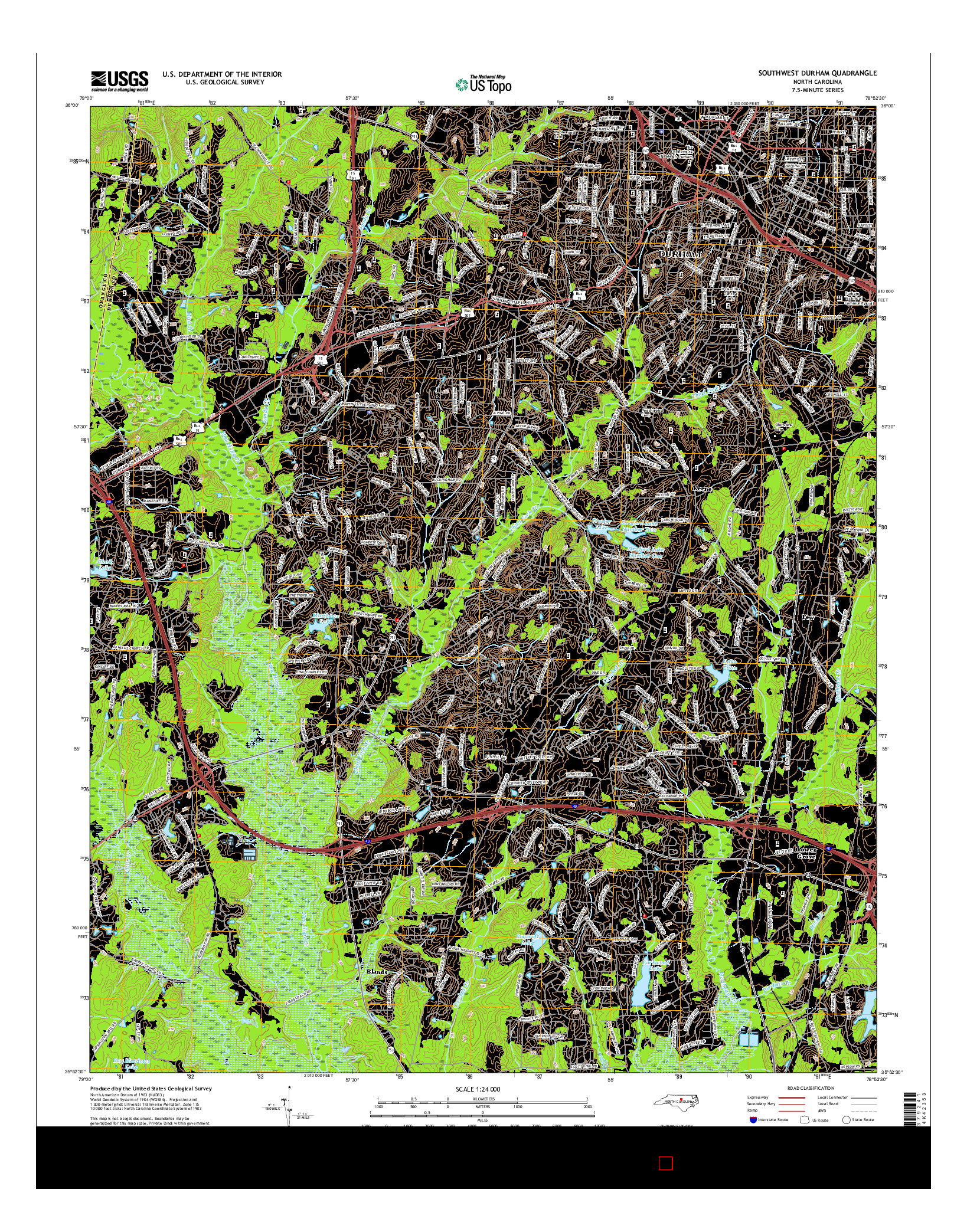 USGS US TOPO 7.5-MINUTE MAP FOR SOUTHWEST DURHAM, NC 2016