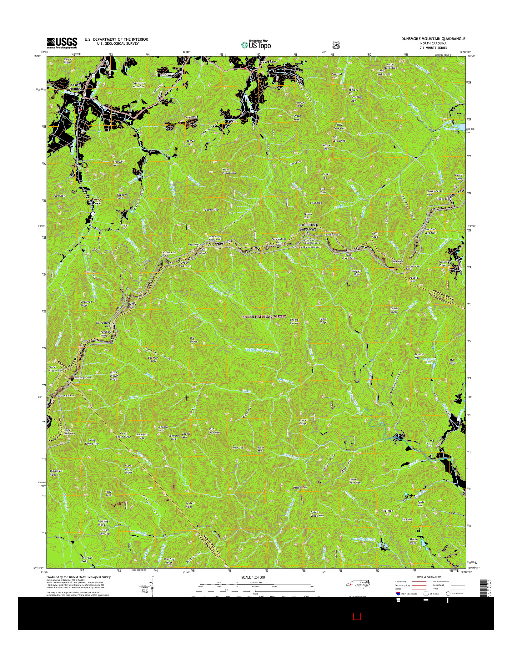 USGS US TOPO 7.5-MINUTE MAP FOR DUNSMORE MOUNTAIN, NC 2016