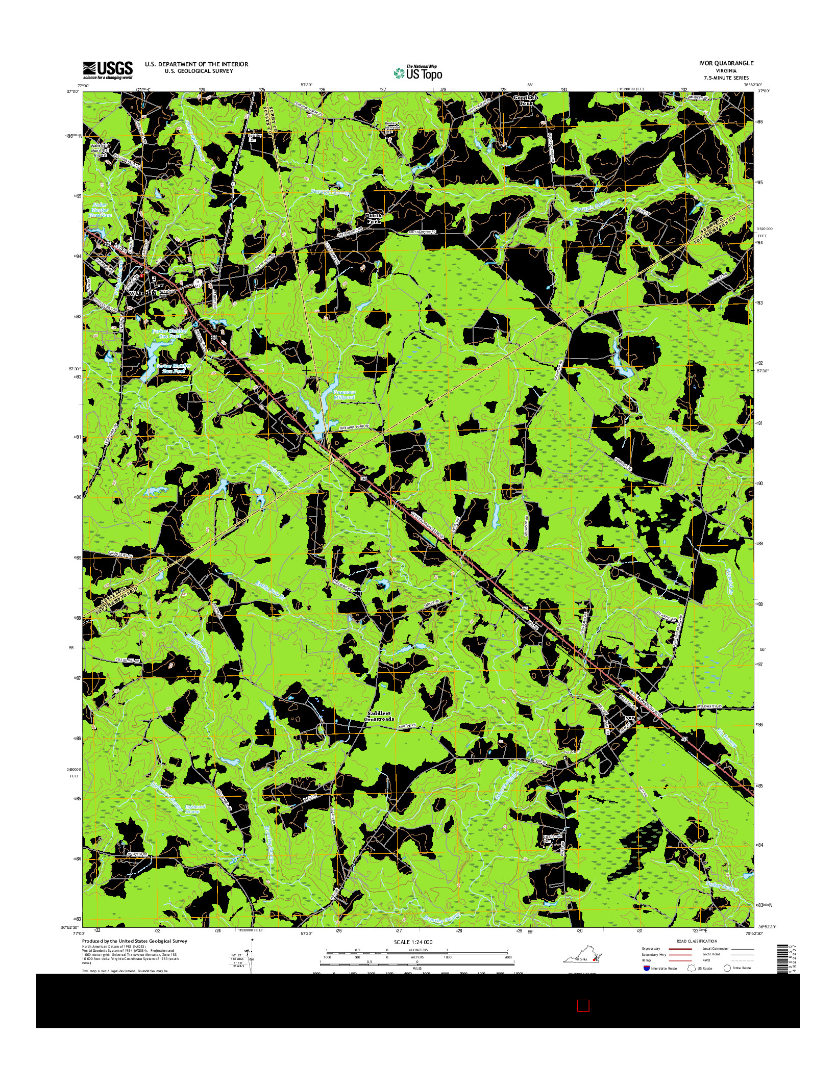 USGS US TOPO 7.5-MINUTE MAP FOR IVOR, VA 2016