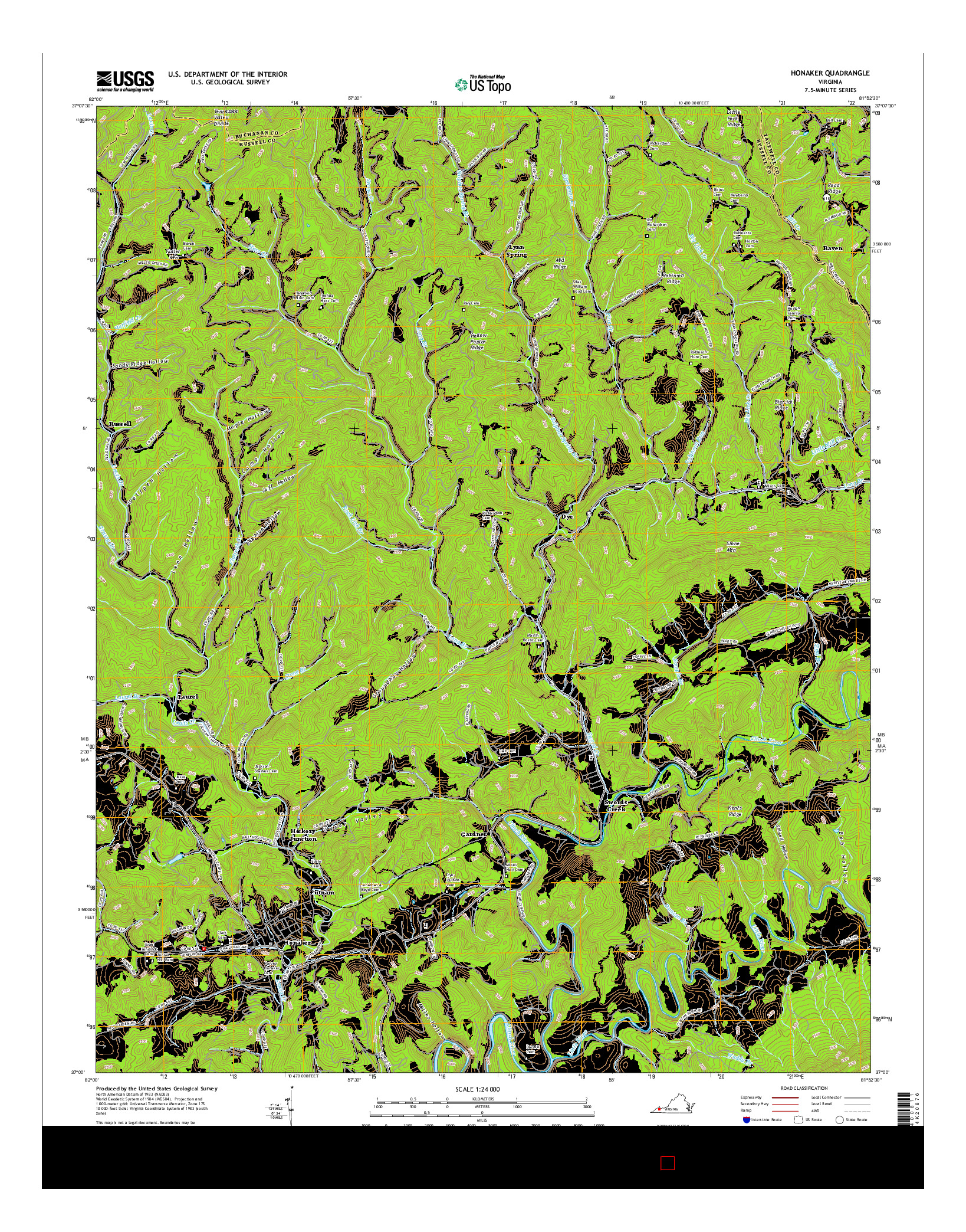 USGS US TOPO 7.5-MINUTE MAP FOR HONAKER, VA 2016