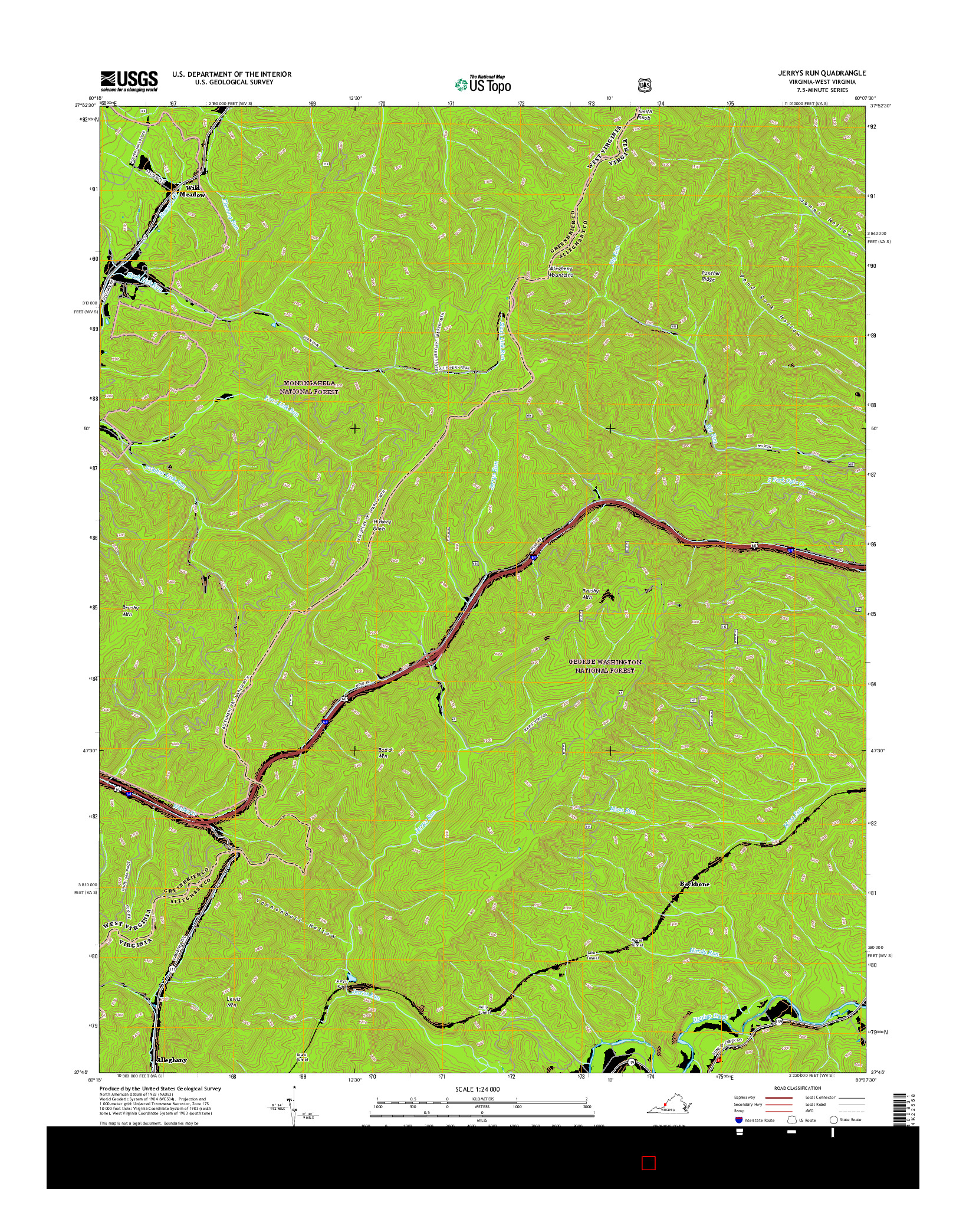 USGS US TOPO 7.5-MINUTE MAP FOR JERRYS RUN, VA-WV 2016
