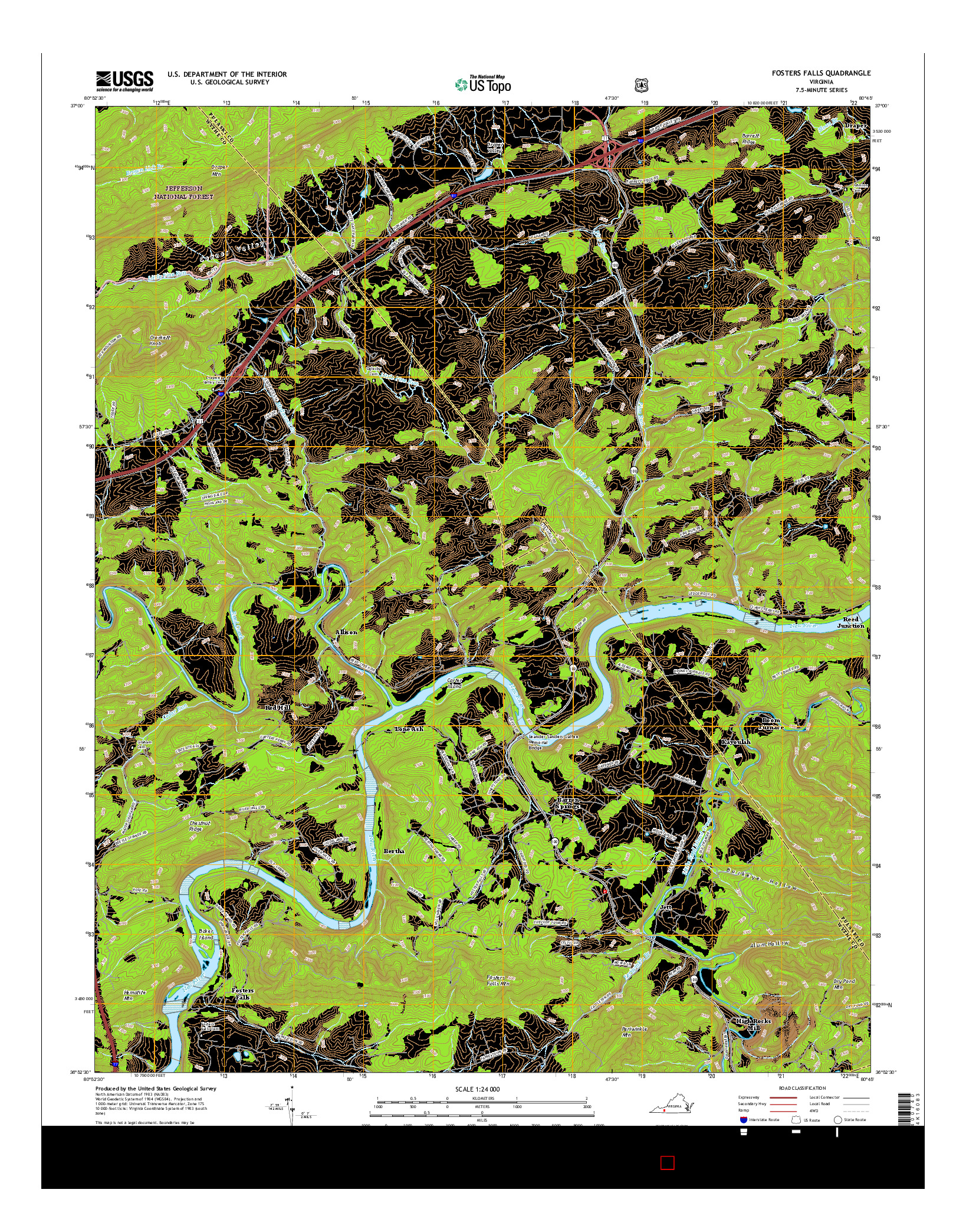 USGS US TOPO 7.5-MINUTE MAP FOR FOSTERS FALLS, VA 2016