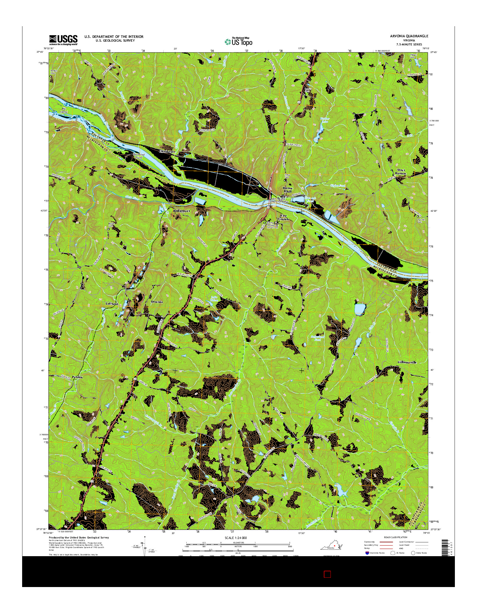 USGS US TOPO 7.5-MINUTE MAP FOR ARVONIA, VA 2016