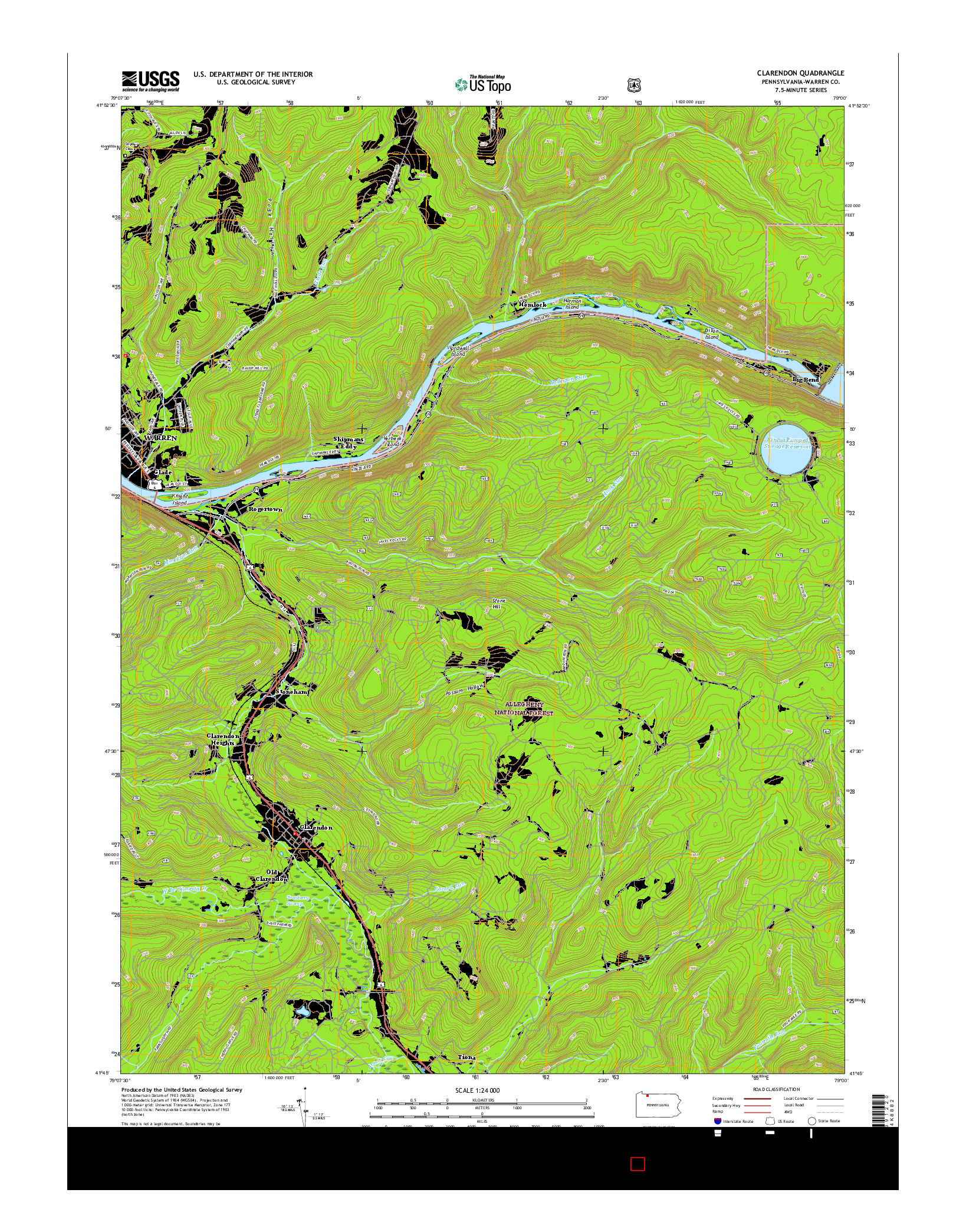 USGS US TOPO 7.5-MINUTE MAP FOR CLARENDON, PA 2016