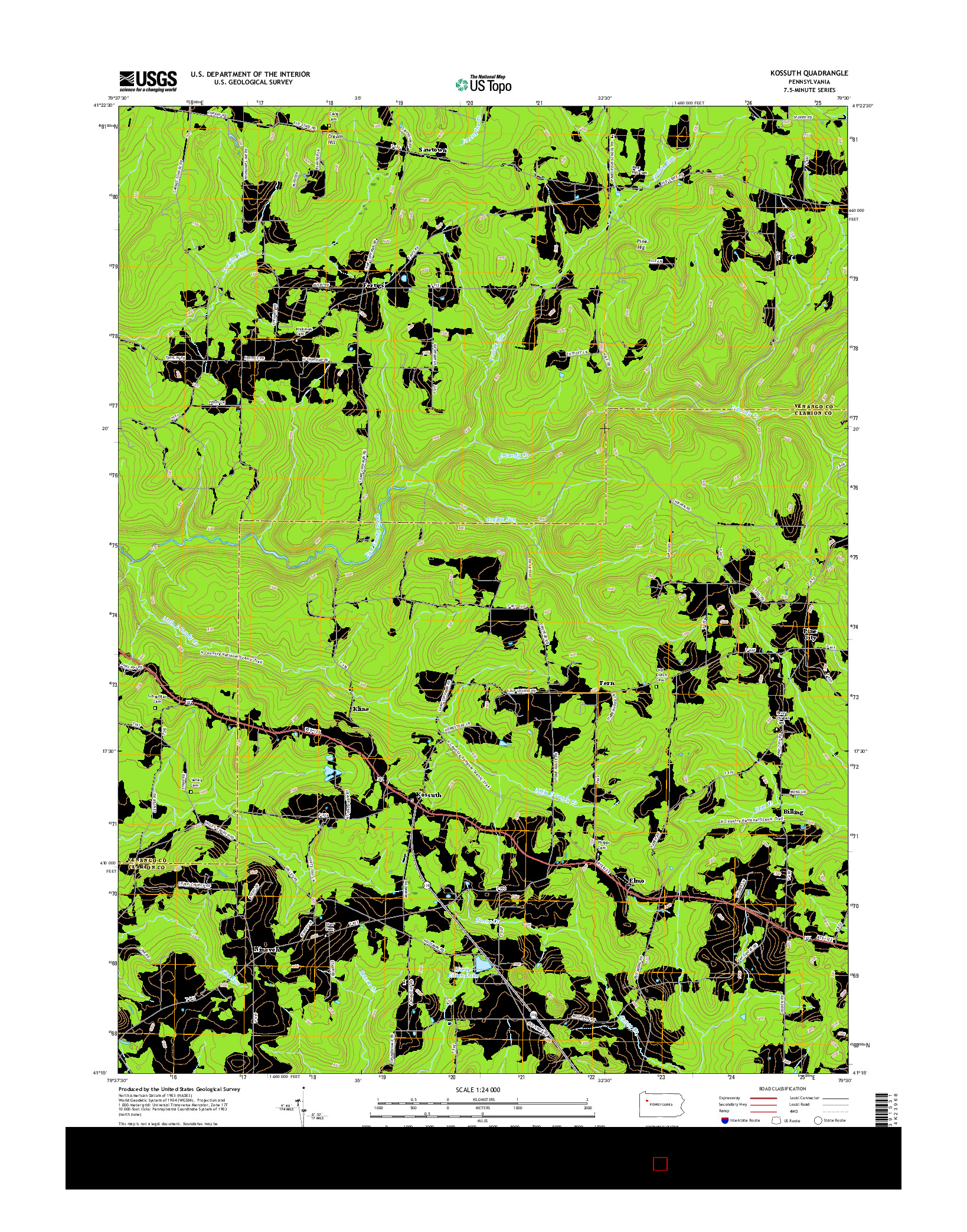 USGS US TOPO 7.5-MINUTE MAP FOR KOSSUTH, PA 2016