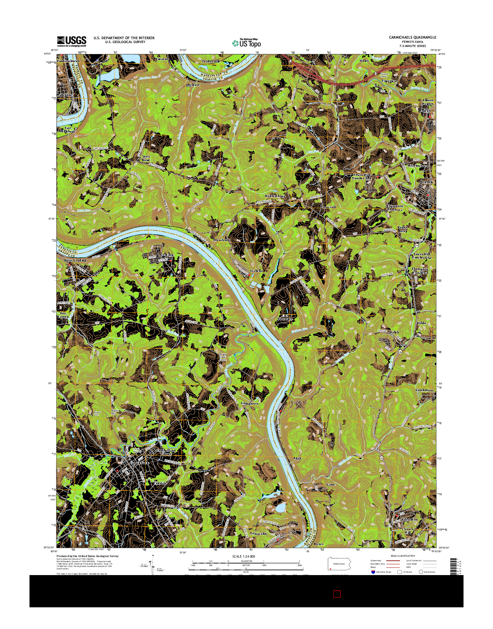 USGS US TOPO 7.5-MINUTE MAP FOR CARMICHAELS, PA 2016