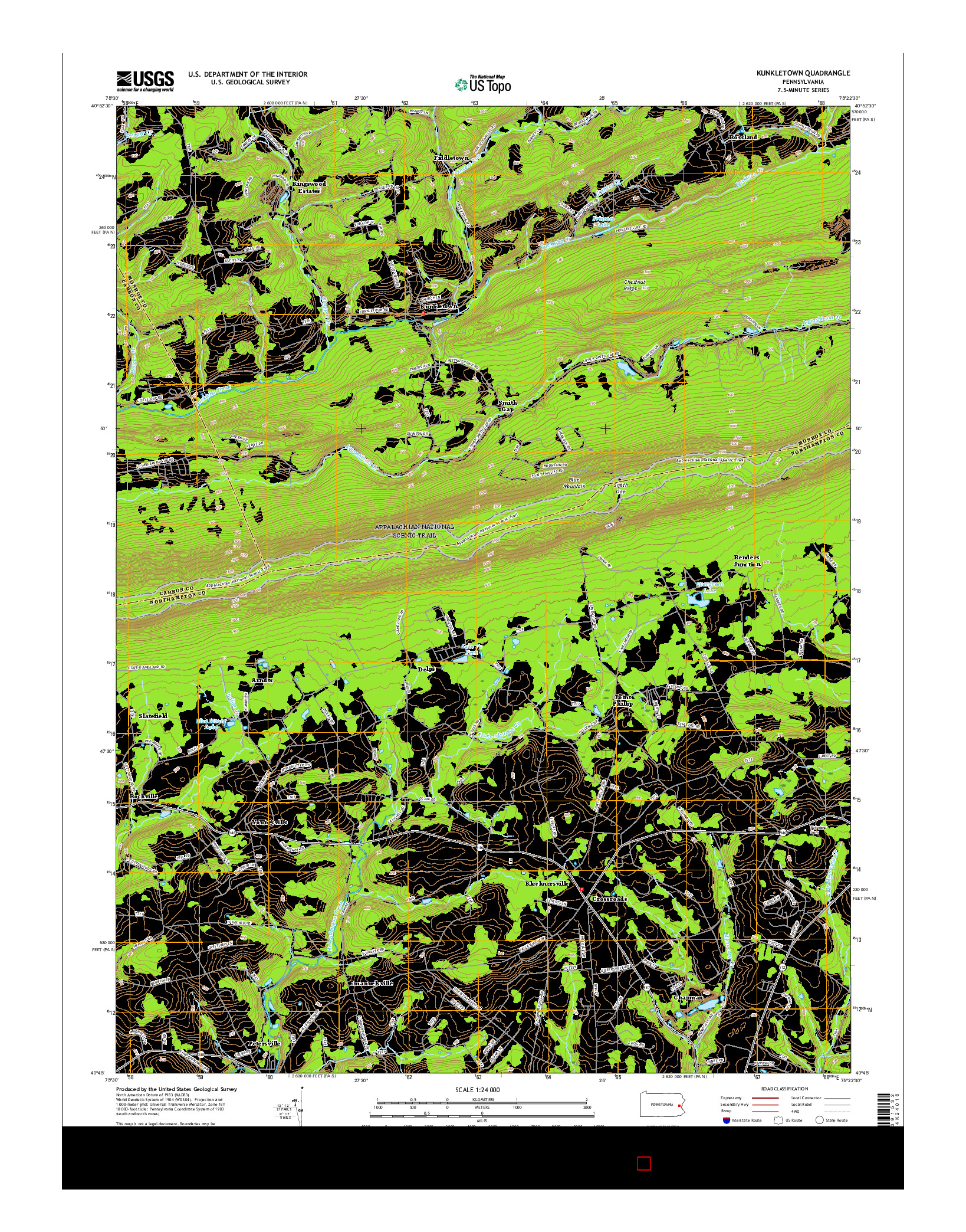 USGS US TOPO 7.5-MINUTE MAP FOR KUNKLETOWN, PA 2016