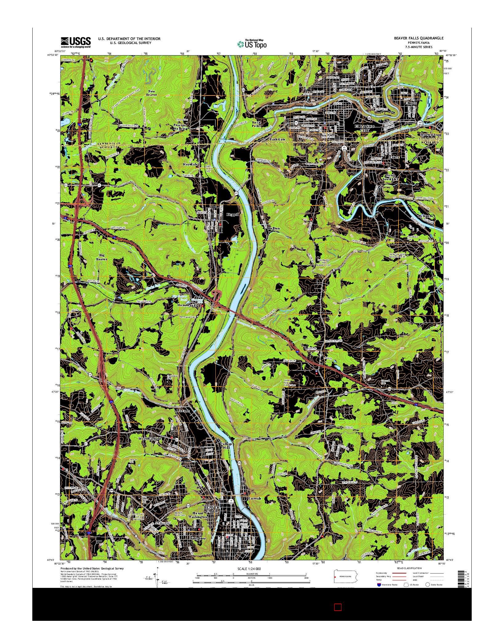 USGS US TOPO 7.5-MINUTE MAP FOR BEAVER FALLS, PA 2016