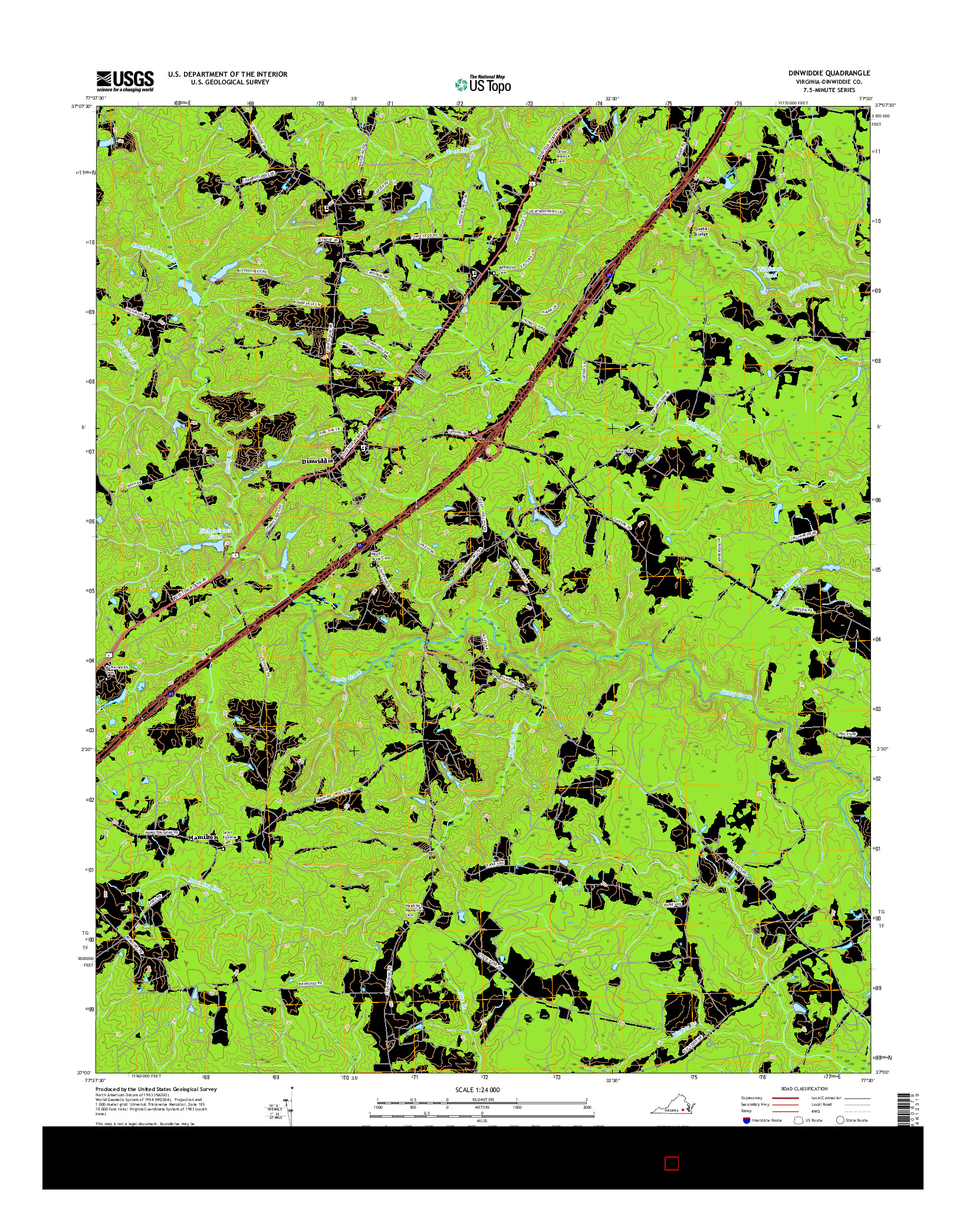 USGS US TOPO 7.5-MINUTE MAP FOR DINWIDDIE, VA 2016