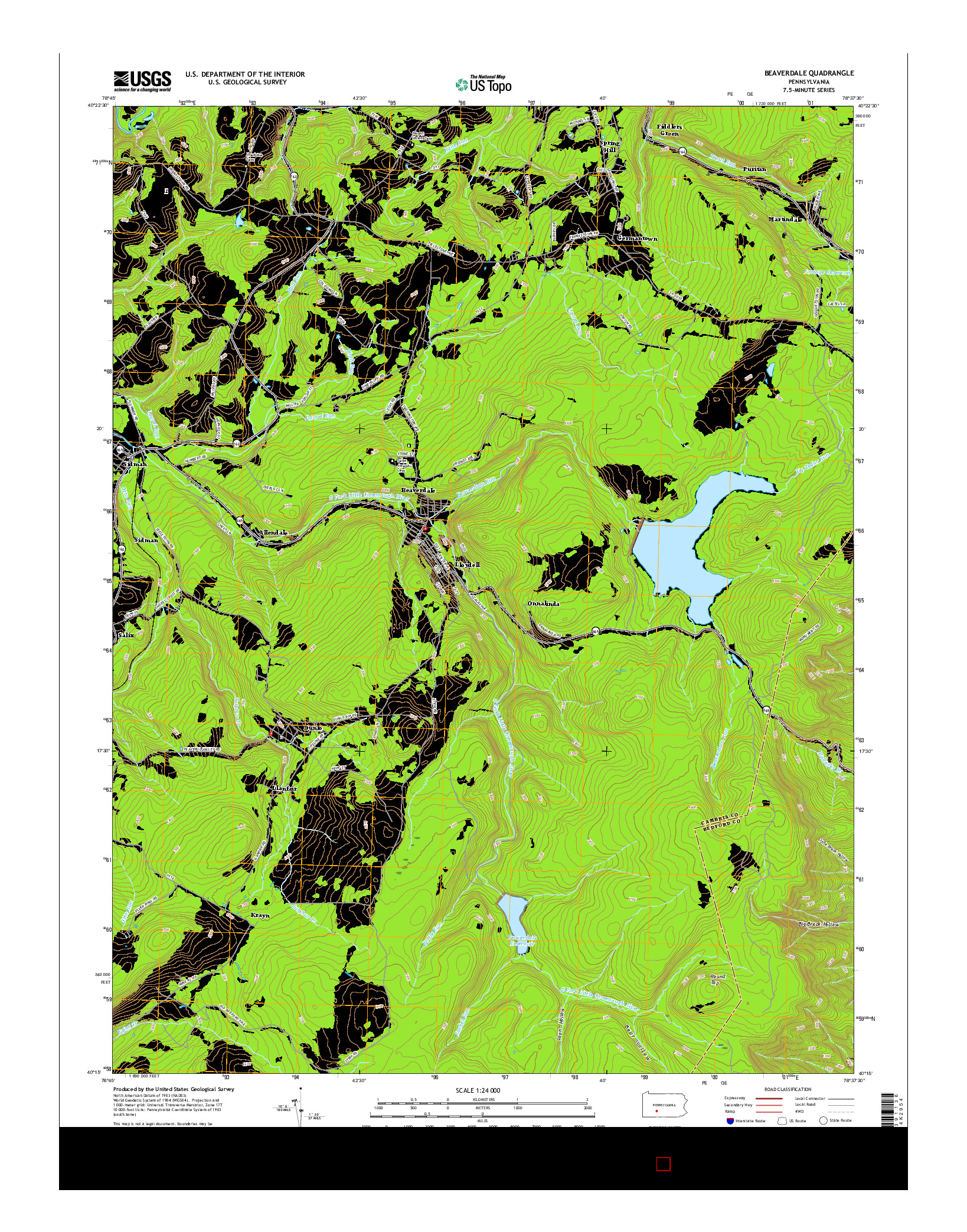 USGS US TOPO 7.5-MINUTE MAP FOR BEAVERDALE, PA 2016
