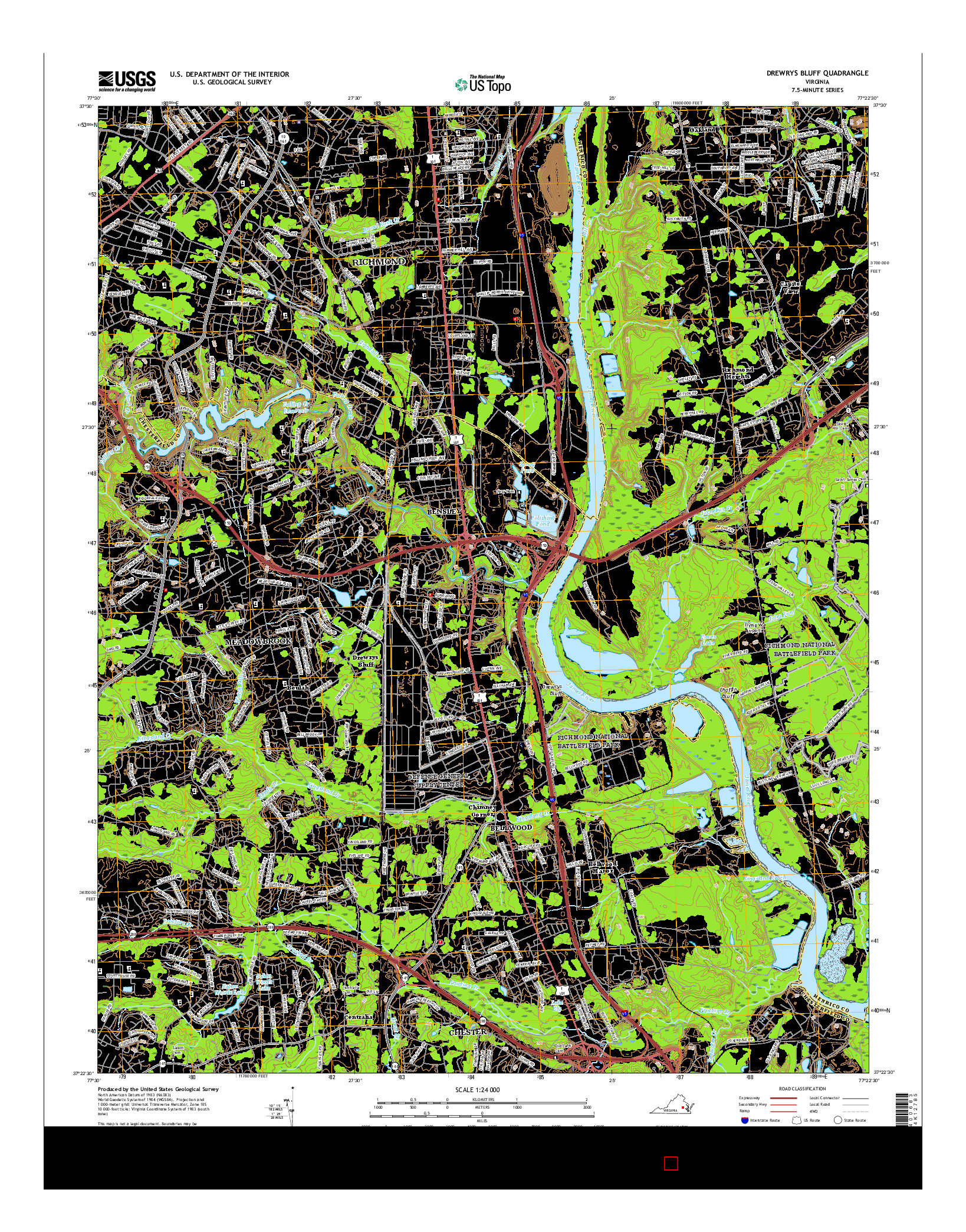 USGS US TOPO 7.5-MINUTE MAP FOR DREWRYS BLUFF, VA 2016