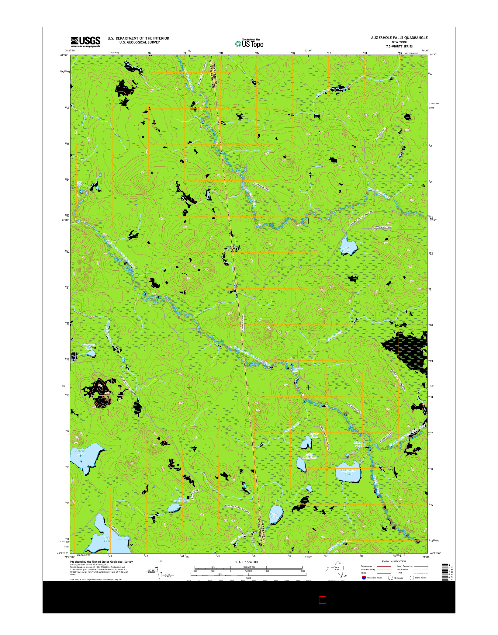 USGS US TOPO 7.5-MINUTE MAP FOR AUGERHOLE FALLS, NY 2016