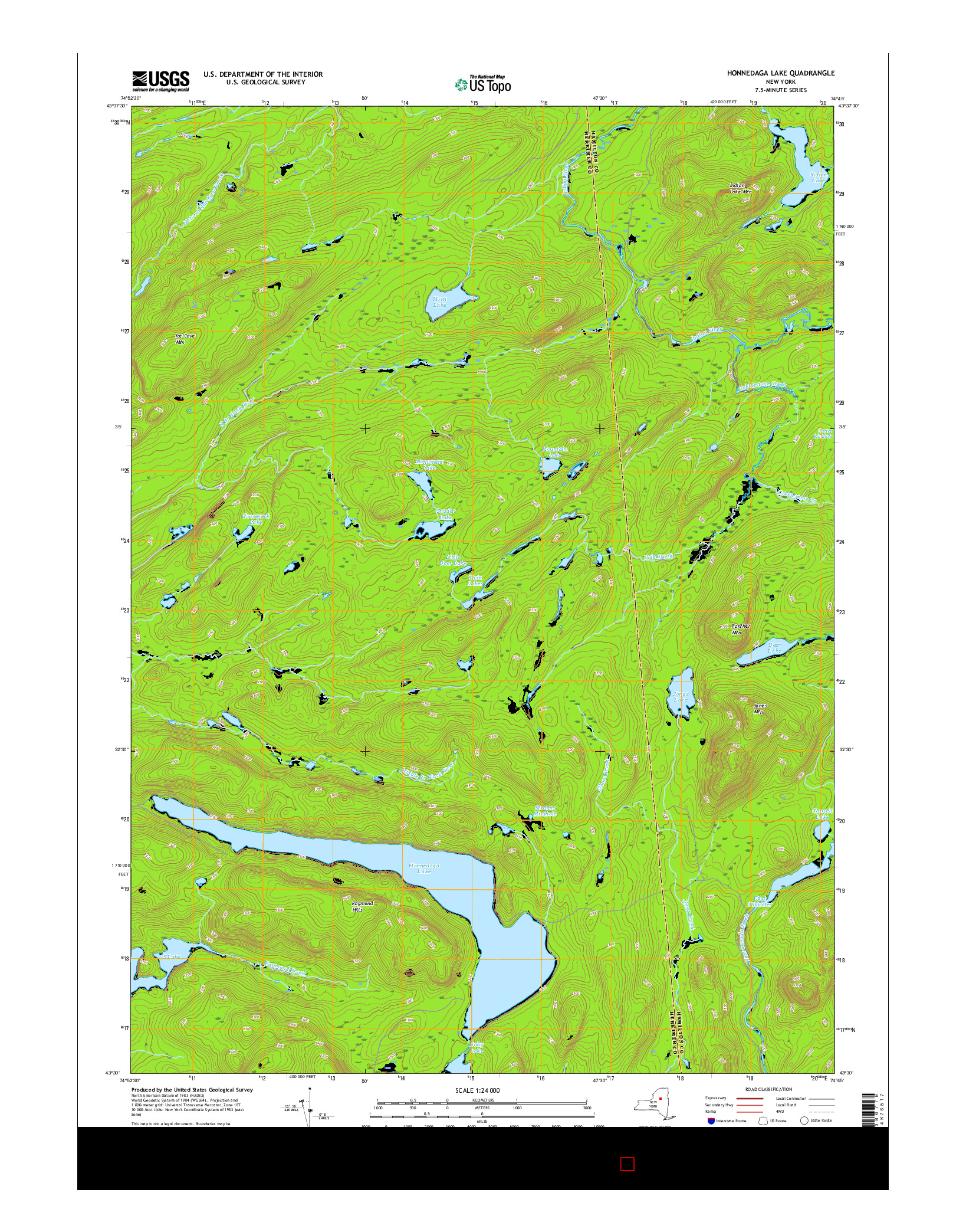 USGS US TOPO 7.5-MINUTE MAP FOR HONNEDAGA LAKE, NY 2016