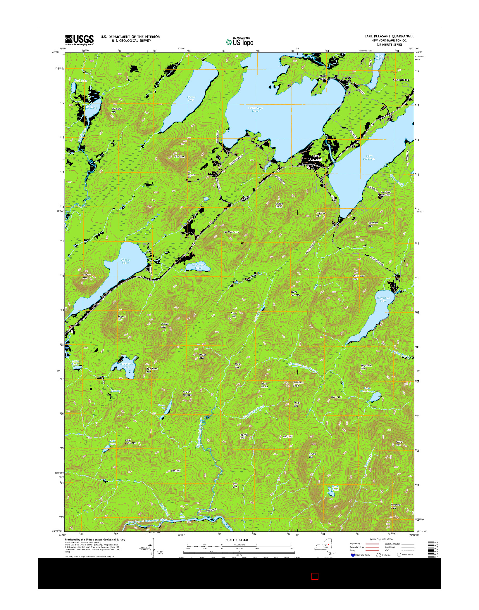 USGS US TOPO 7.5-MINUTE MAP FOR LAKE PLEASANT, NY 2016