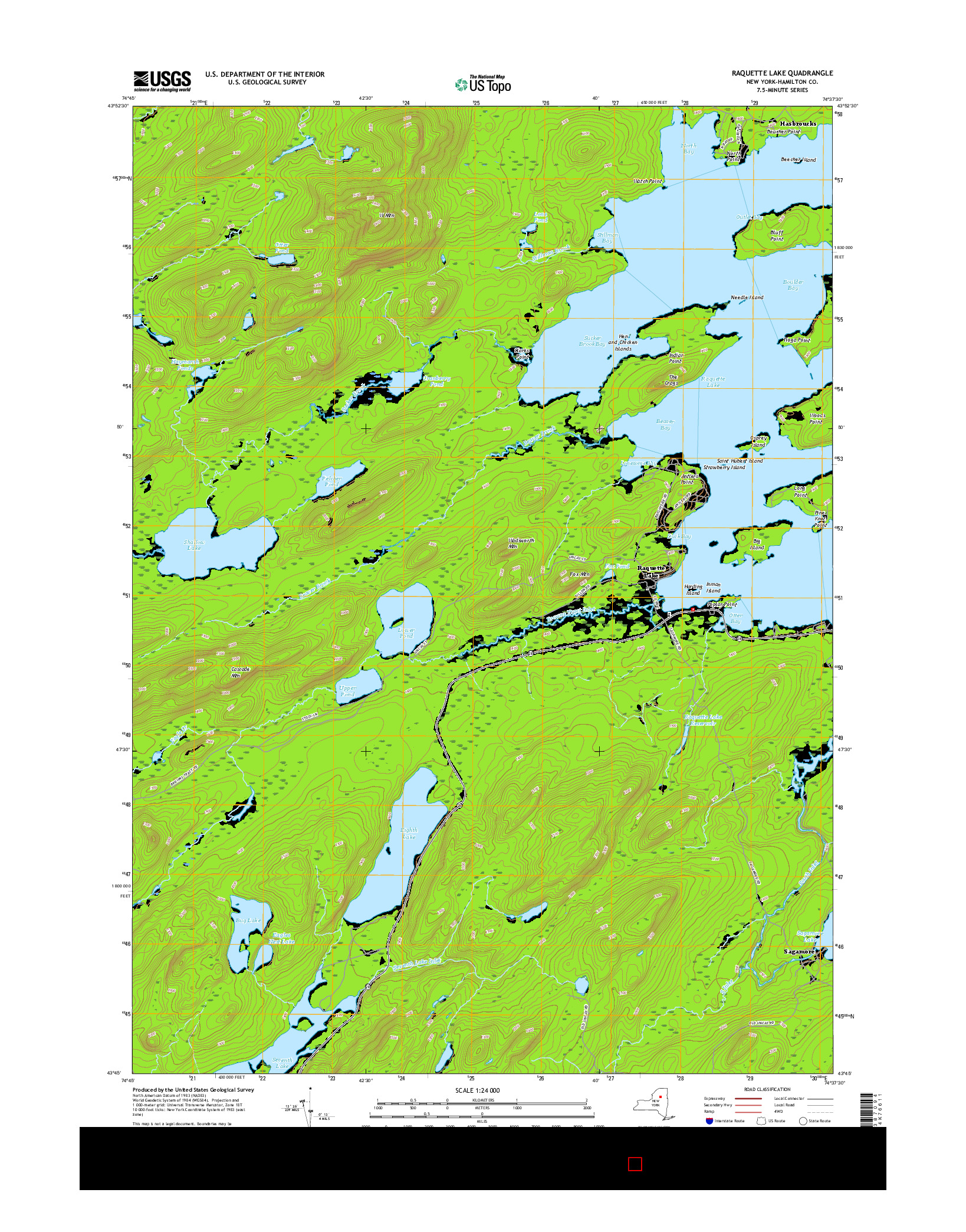 USGS US TOPO 7.5-MINUTE MAP FOR RAQUETTE LAKE, NY 2016