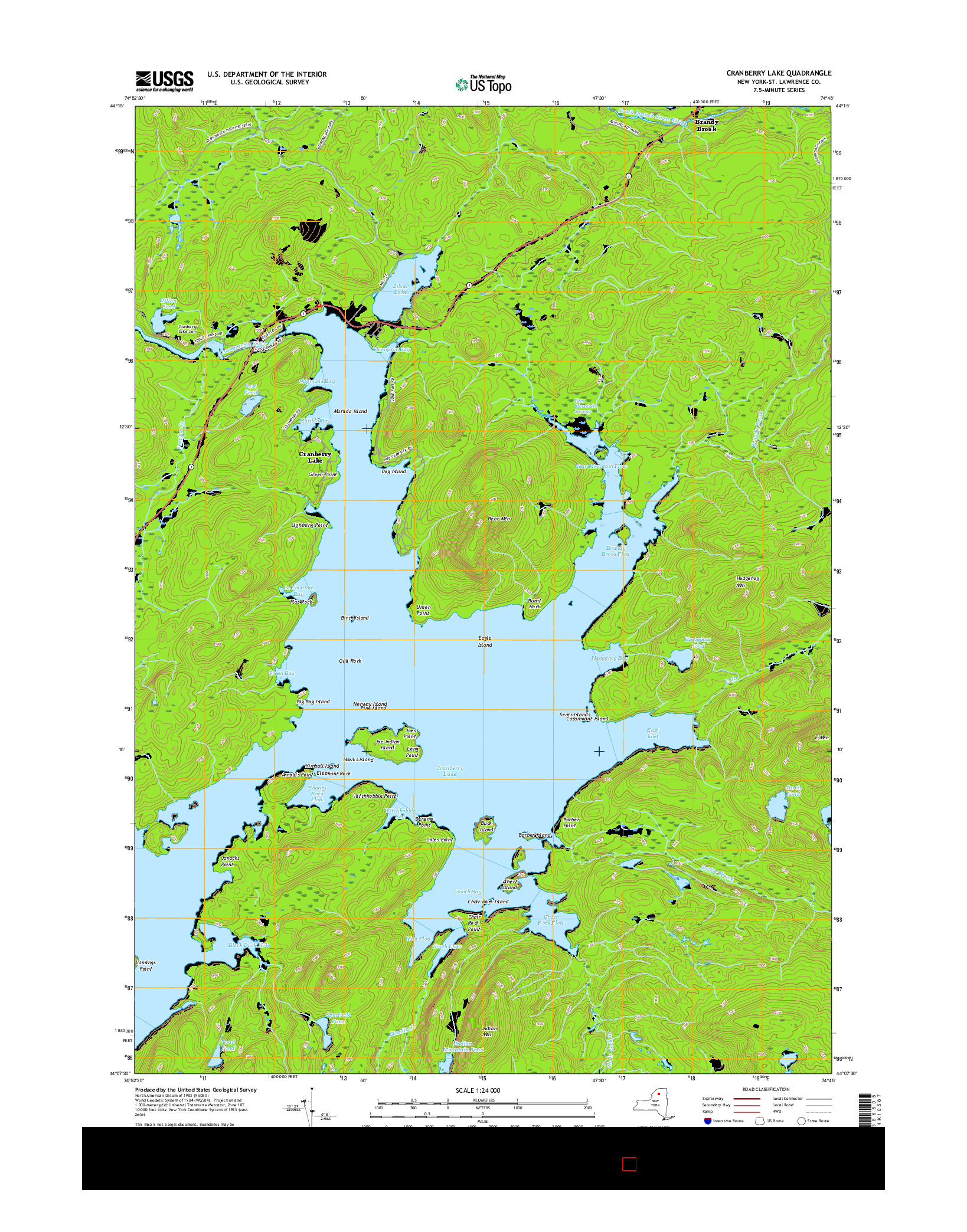 USGS US TOPO 7.5-MINUTE MAP FOR CRANBERRY LAKE, NY 2016
