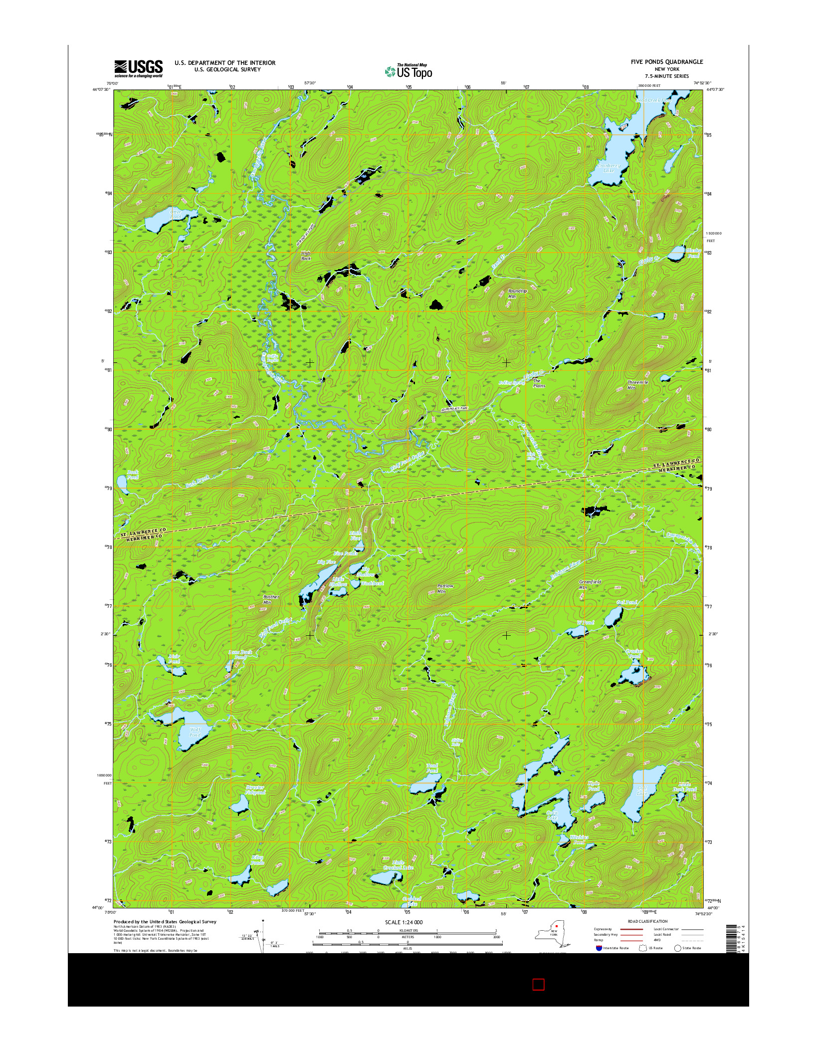 USGS US TOPO 7.5-MINUTE MAP FOR FIVE PONDS, NY 2016