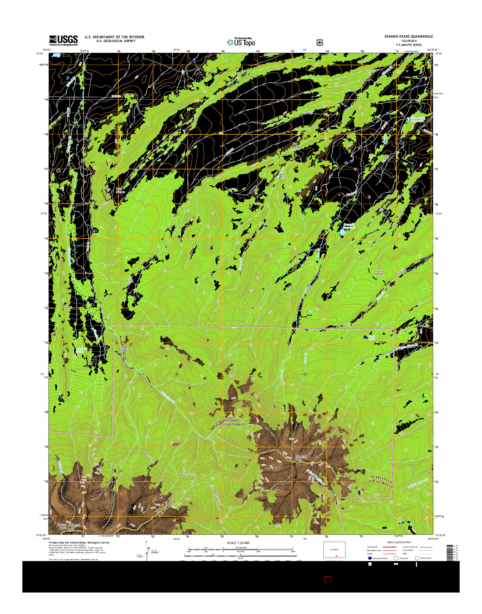 USGS US TOPO 7.5-MINUTE MAP FOR SPANISH PEAKS, CO 2016