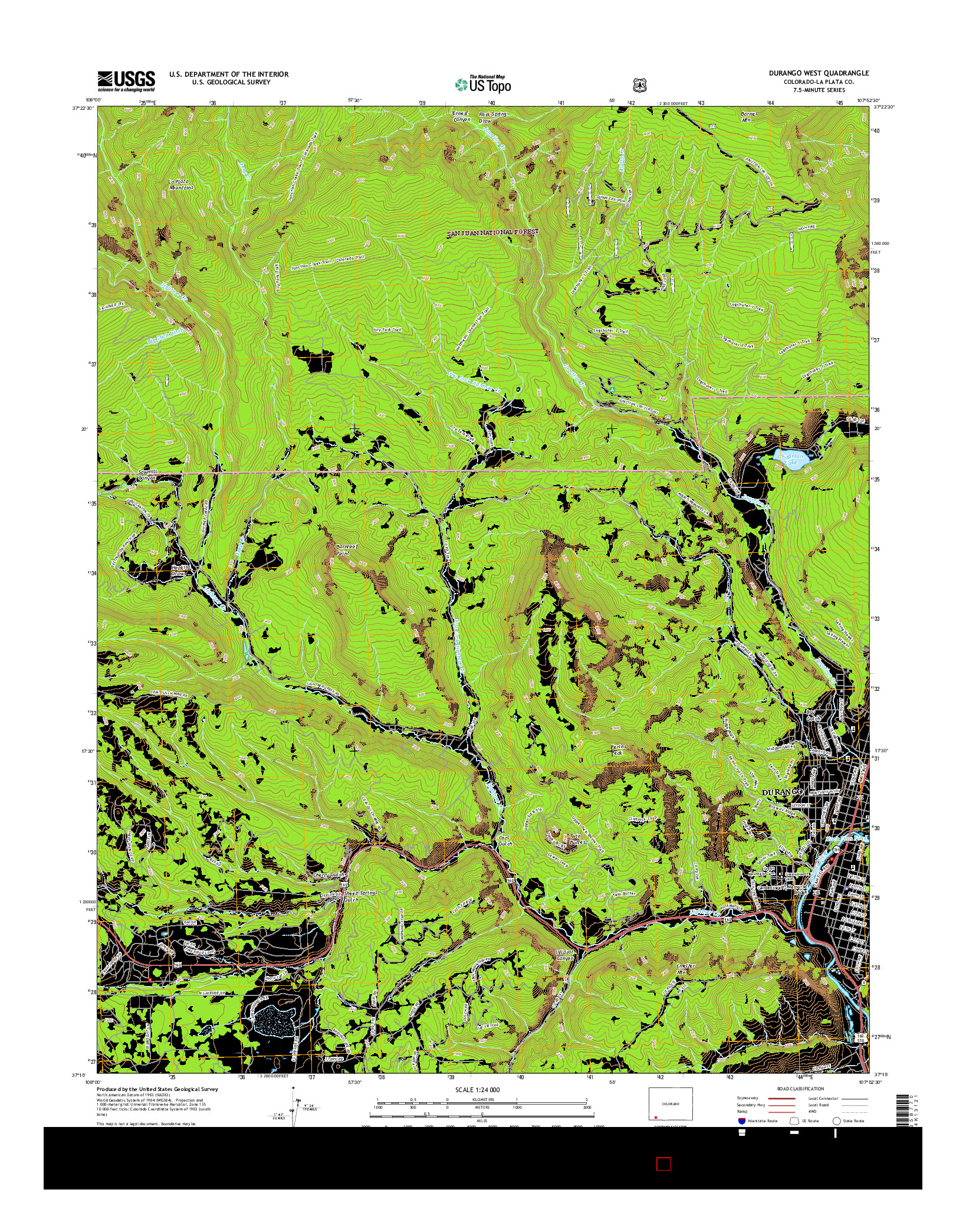 USGS US TOPO 7.5-MINUTE MAP FOR DURANGO WEST, CO 2016