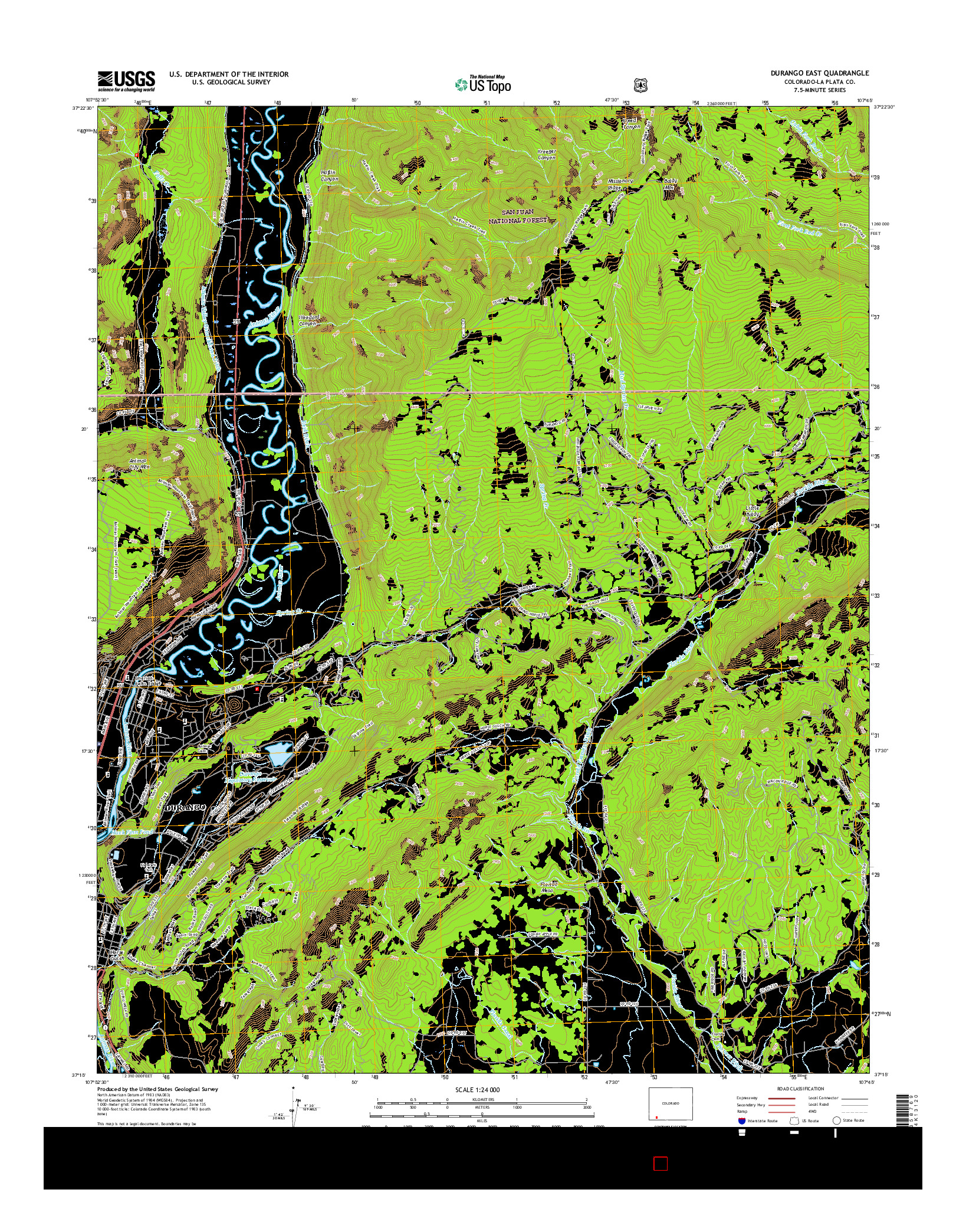 USGS US TOPO 7.5-MINUTE MAP FOR DURANGO EAST, CO 2016