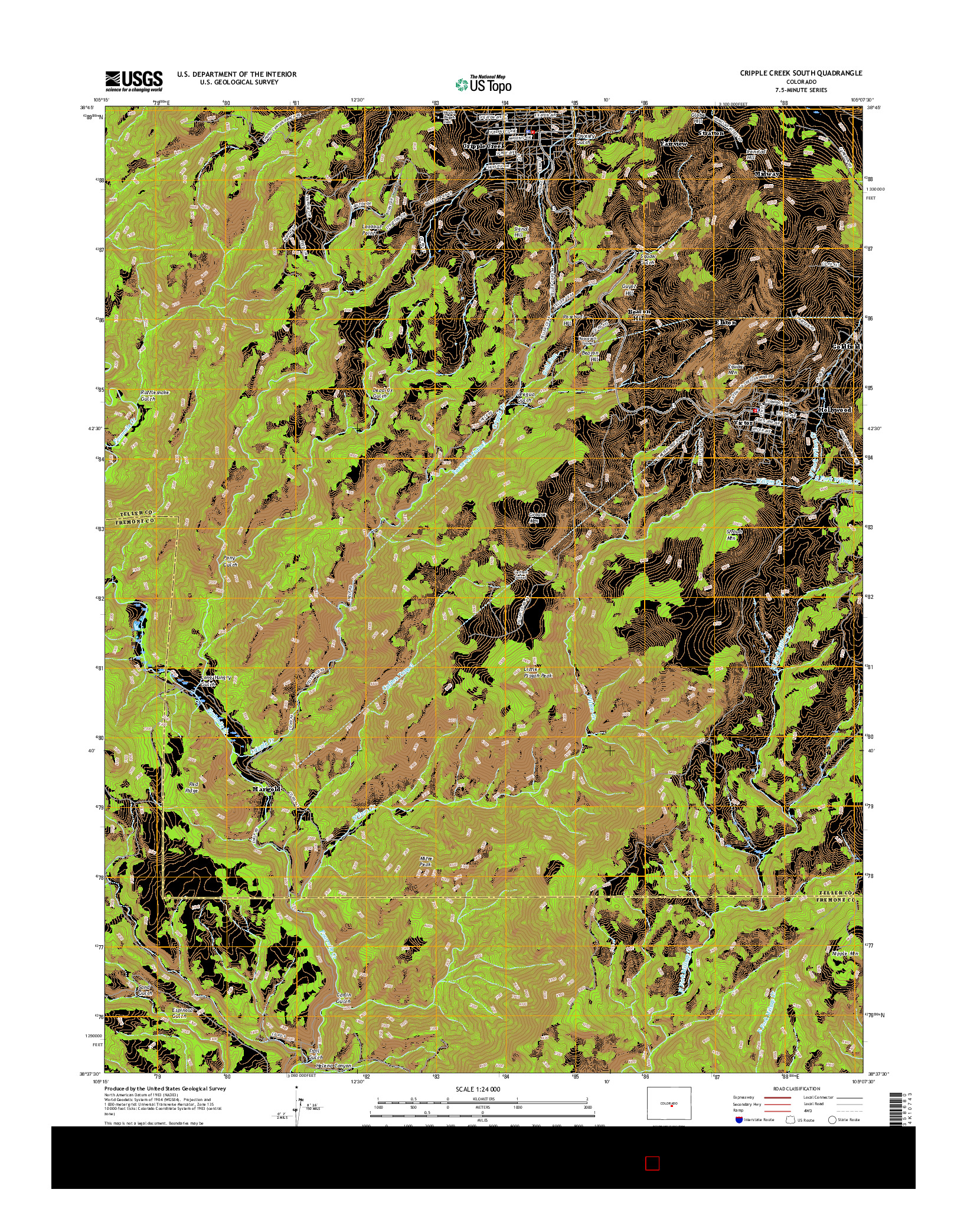 USGS US TOPO 7.5-MINUTE MAP FOR CRIPPLE CREEK SOUTH, CO 2016