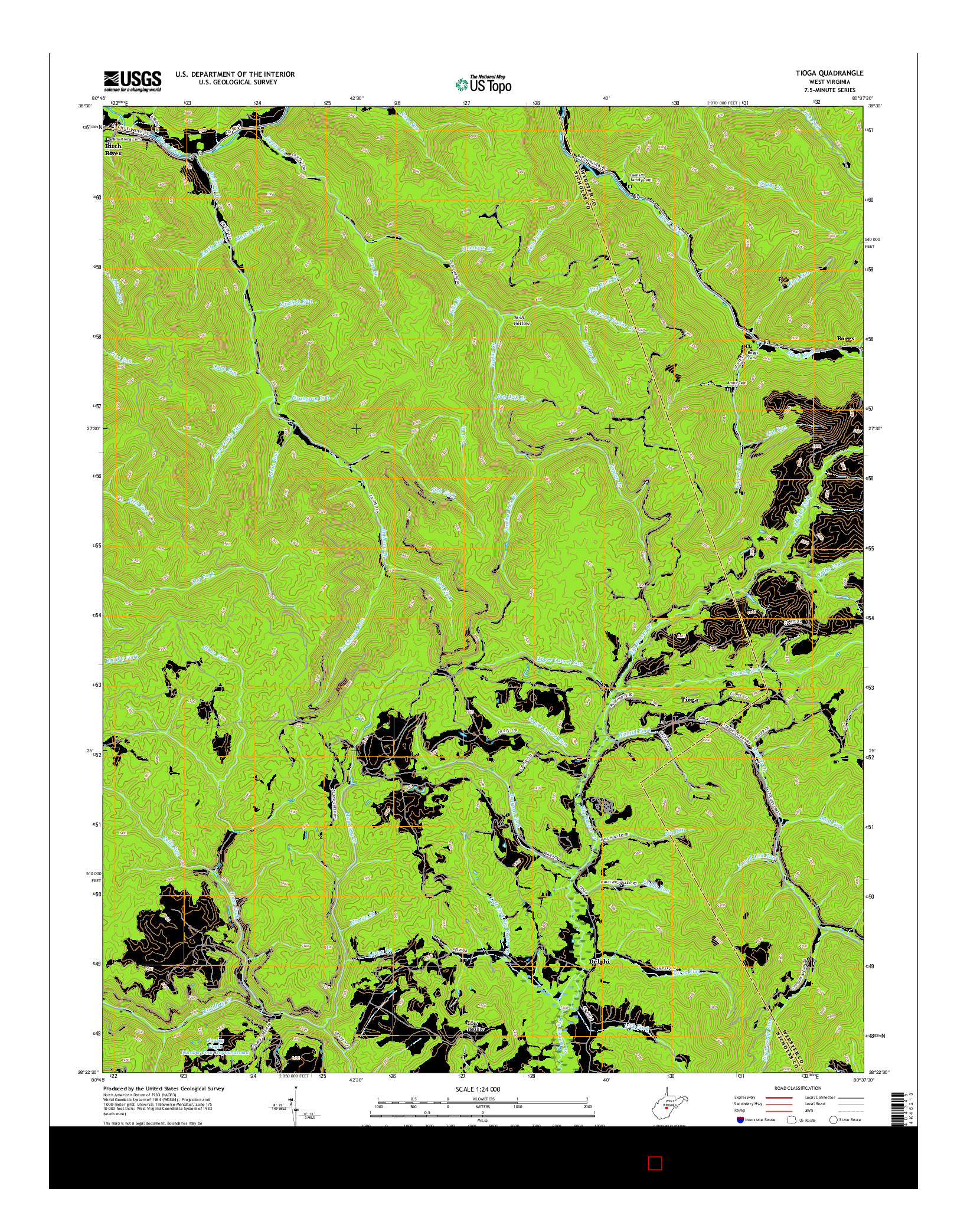 USGS US TOPO 7.5-MINUTE MAP FOR TIOGA, WV 2016