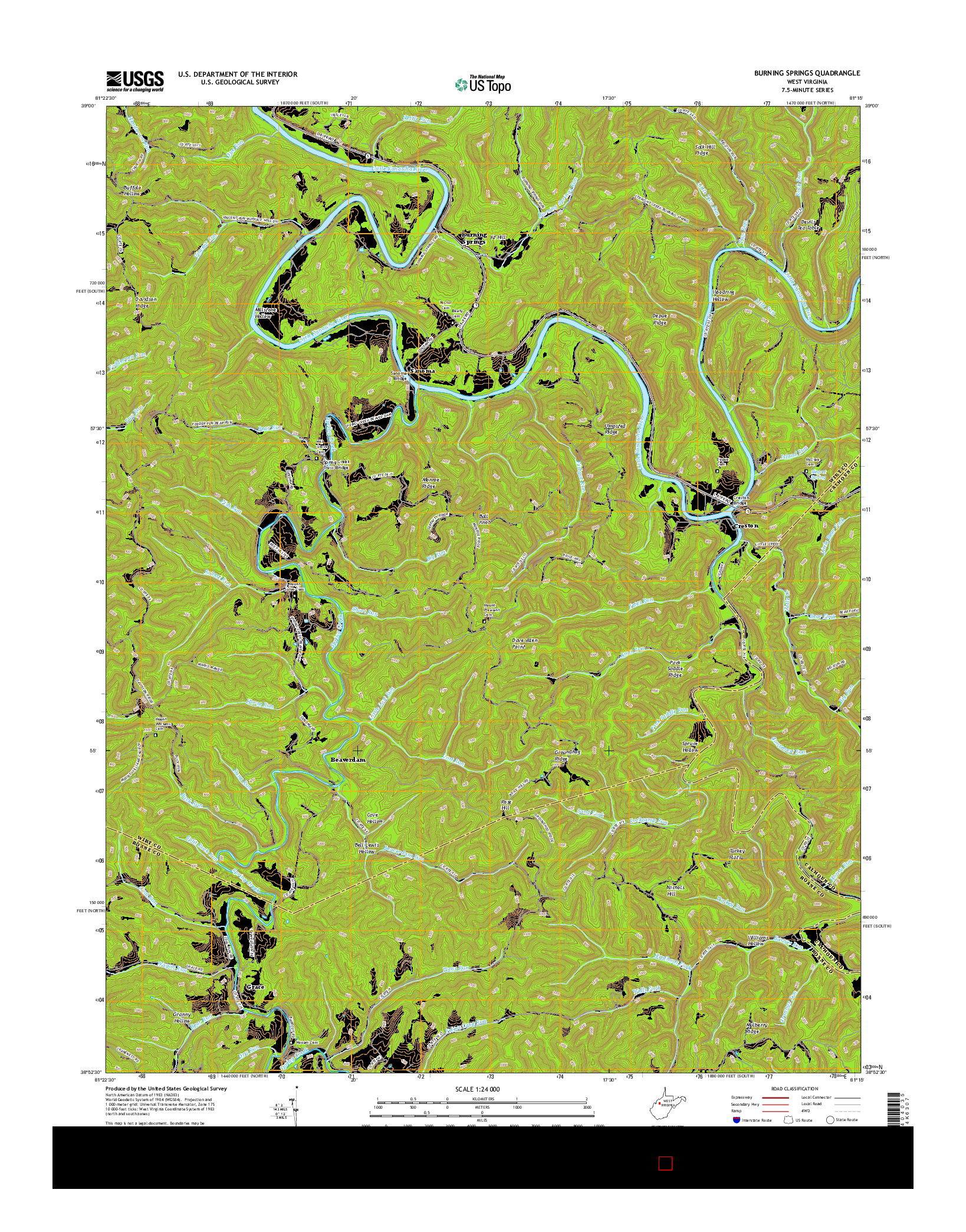 USGS US TOPO 7.5-MINUTE MAP FOR BURNING SPRINGS, WV 2016