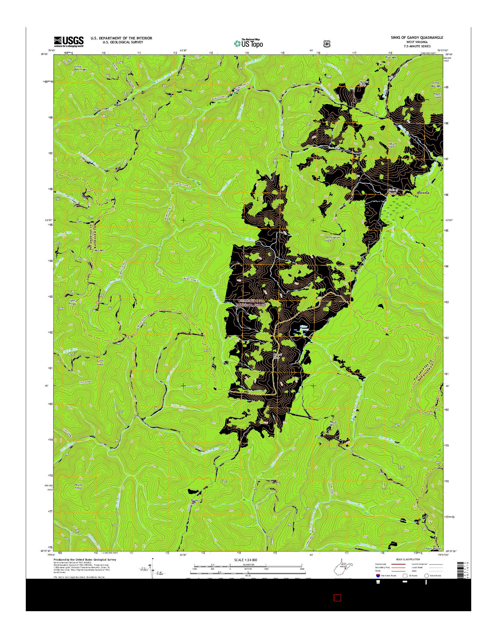 USGS US TOPO 7.5-MINUTE MAP FOR SINKS OF GANDY, WV 2016