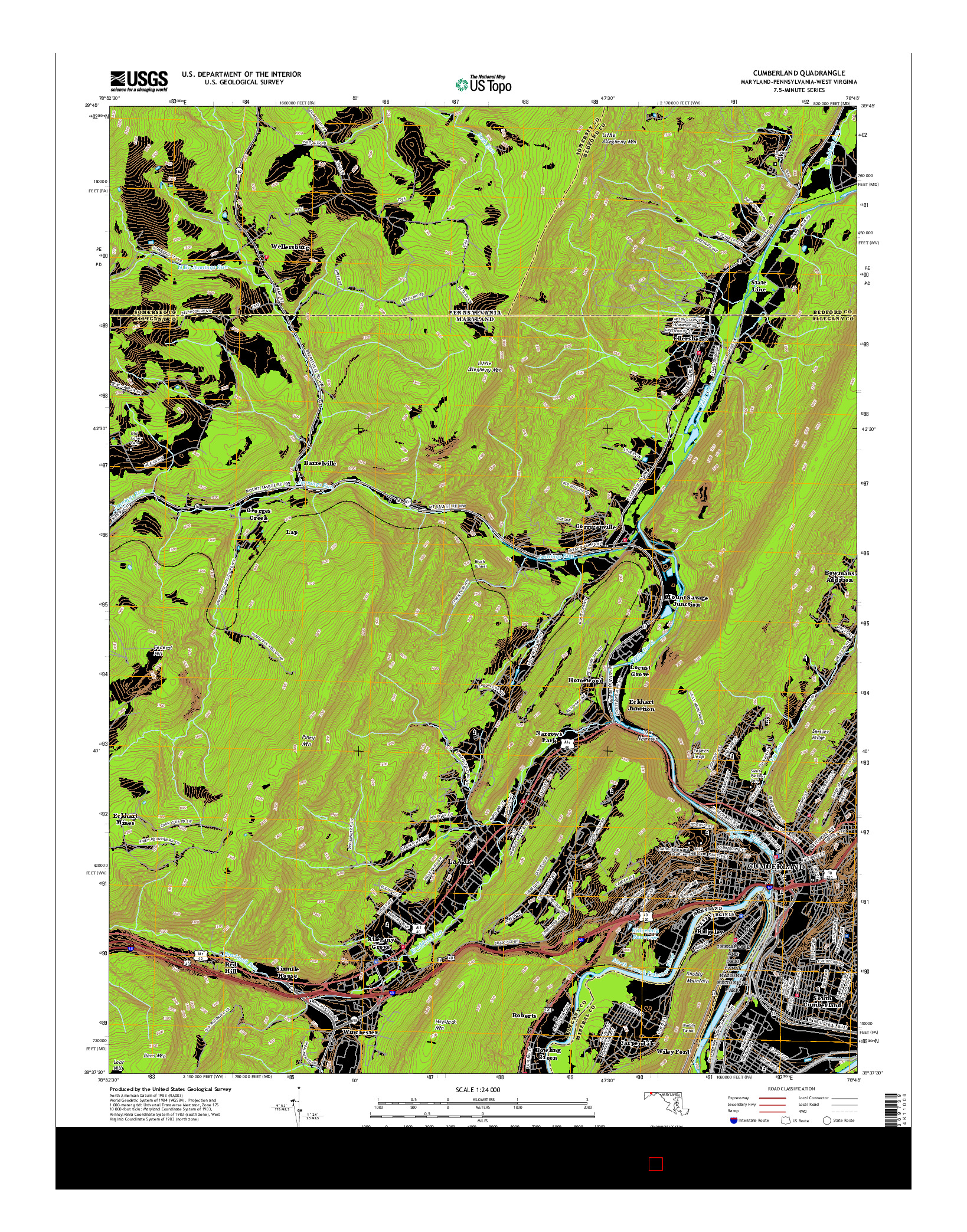 USGS US TOPO 7.5-MINUTE MAP FOR CUMBERLAND, MD-PA-WV 2016