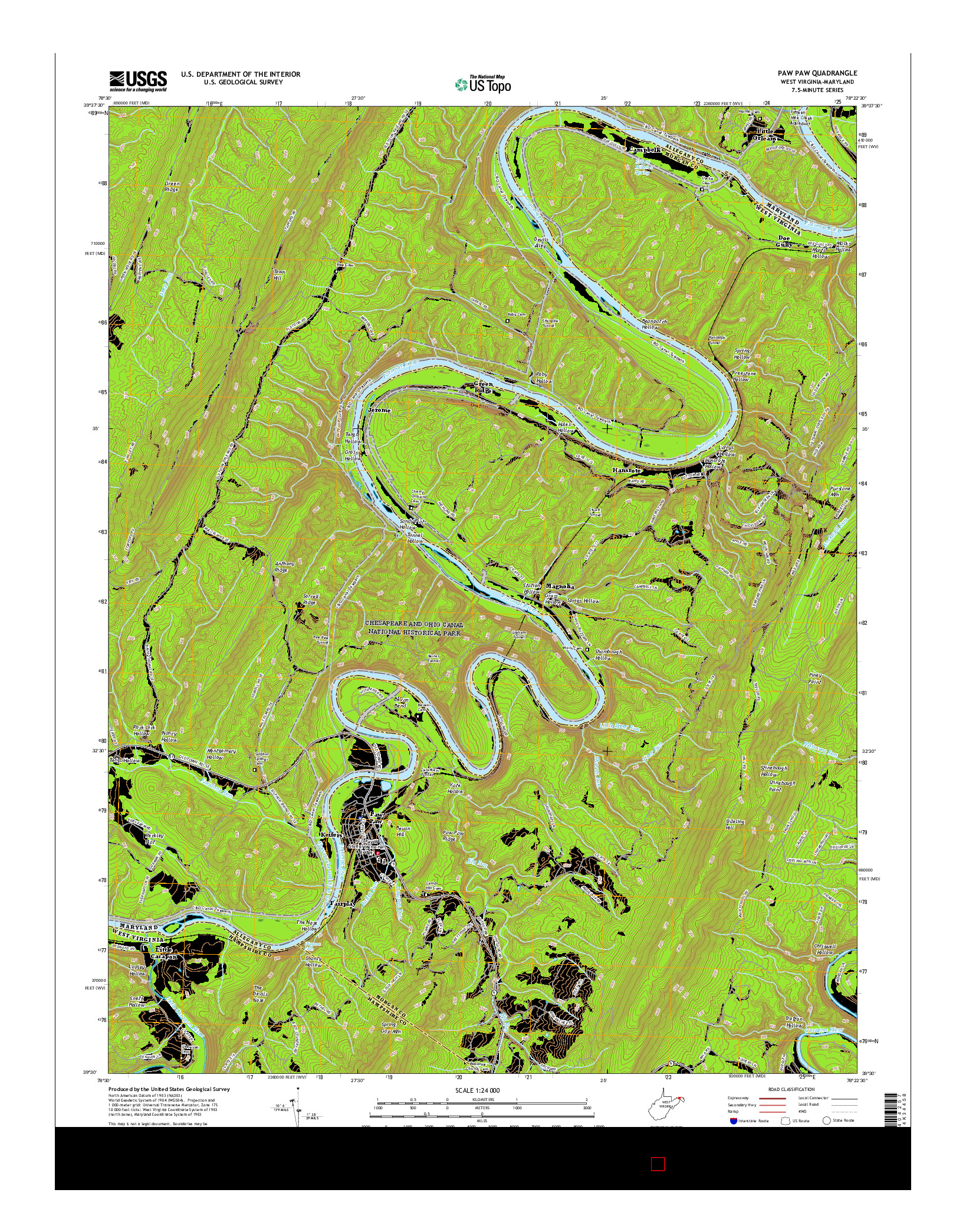 USGS US TOPO 7.5-MINUTE MAP FOR PAW PAW, WV-MD 2016