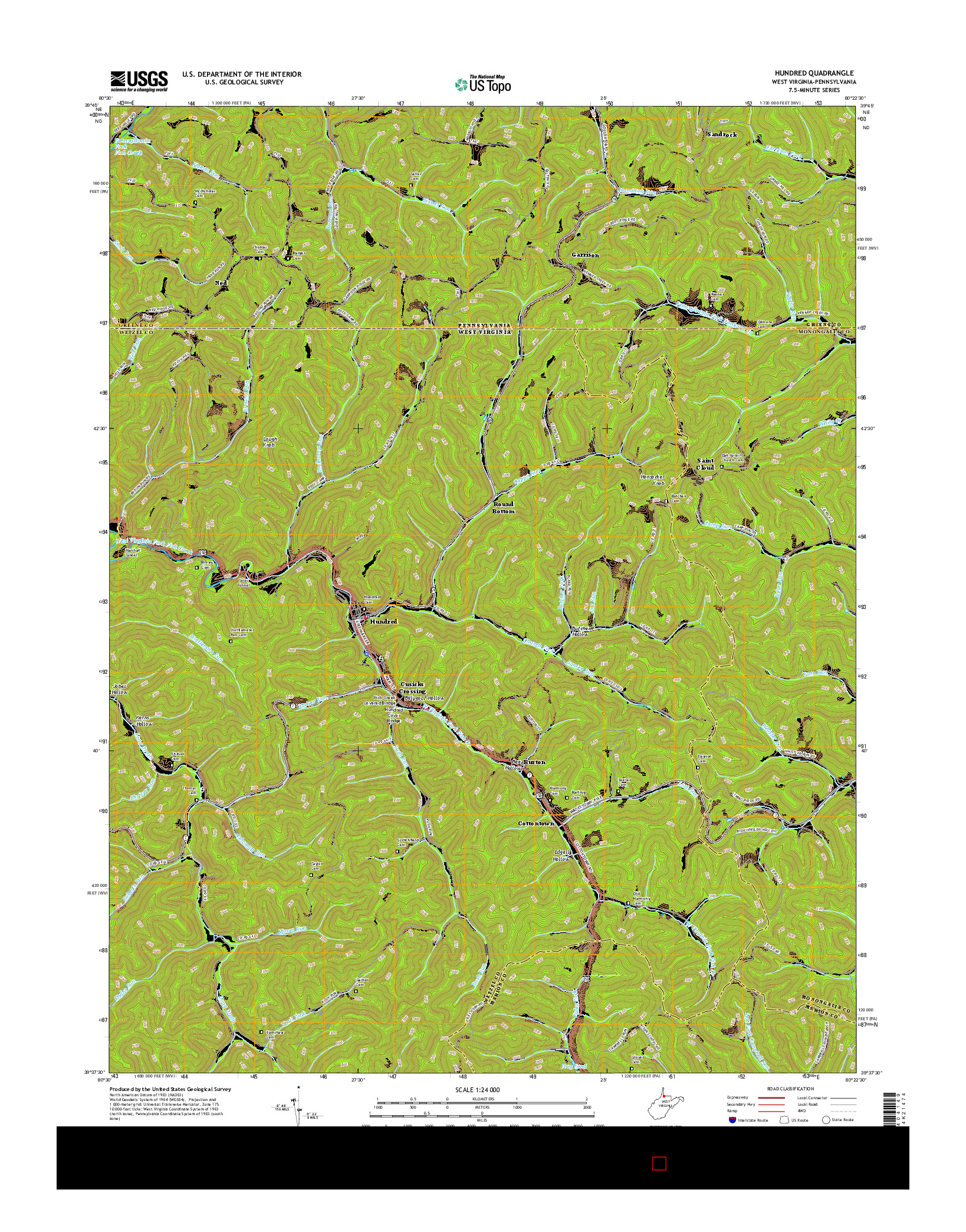 USGS US TOPO 7.5-MINUTE MAP FOR HUNDRED, WV-PA 2016