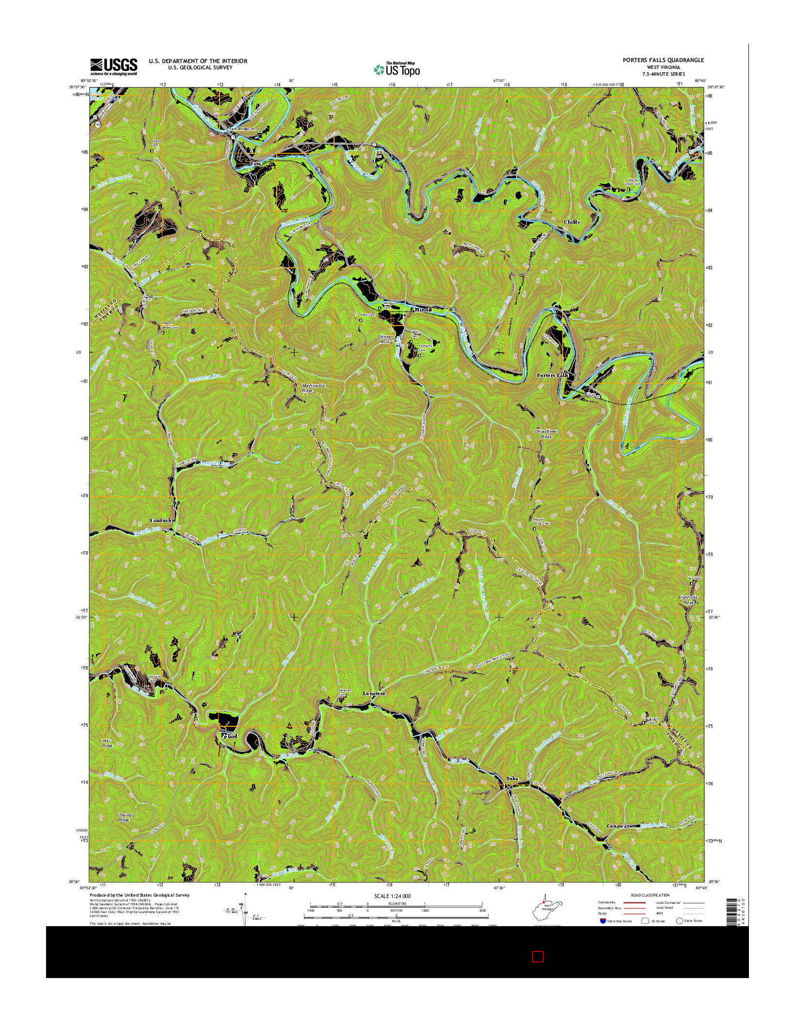 USGS US TOPO 7.5-MINUTE MAP FOR PORTERS FALLS, WV 2016