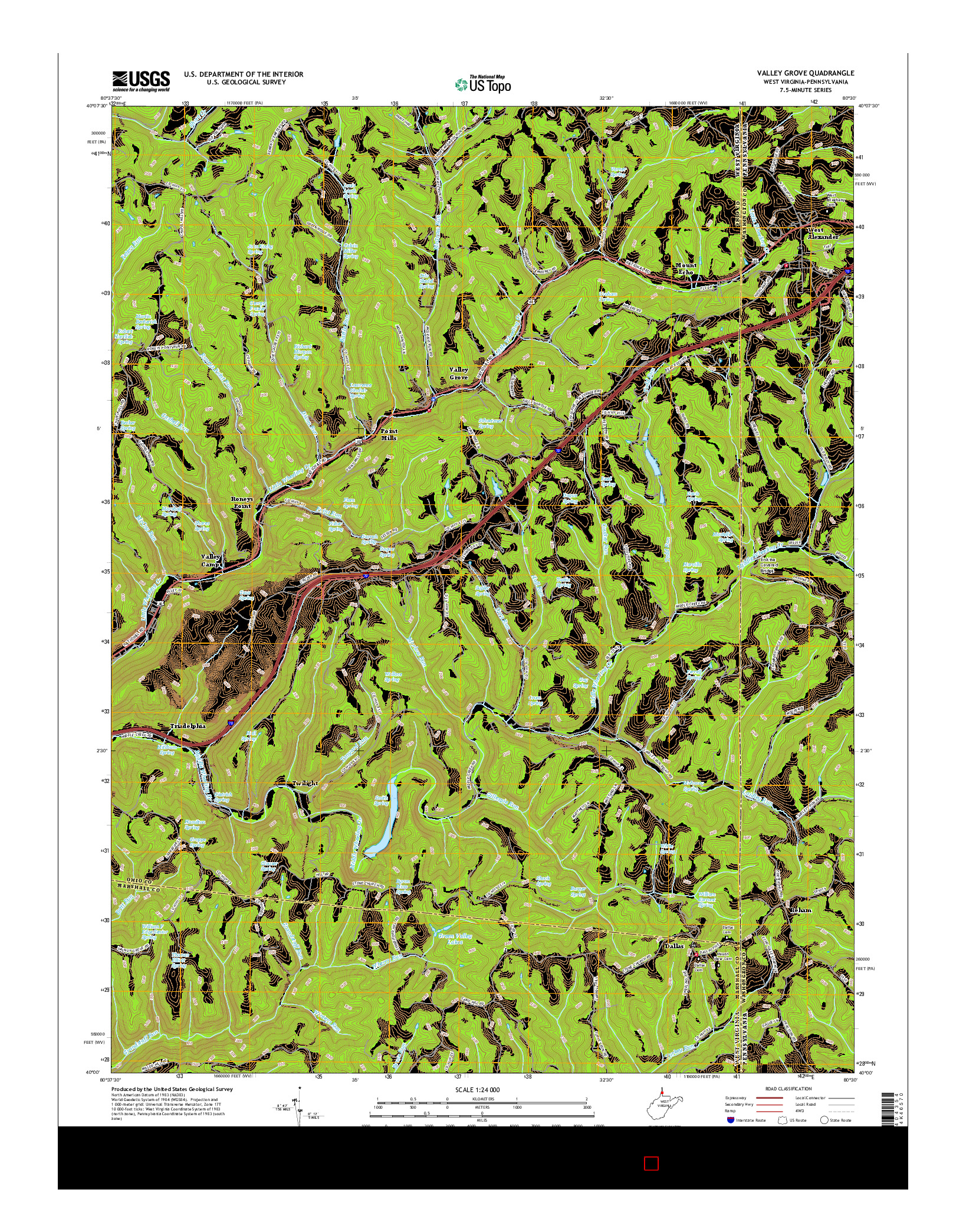 USGS US TOPO 7.5-MINUTE MAP FOR VALLEY GROVE, WV-PA 2016